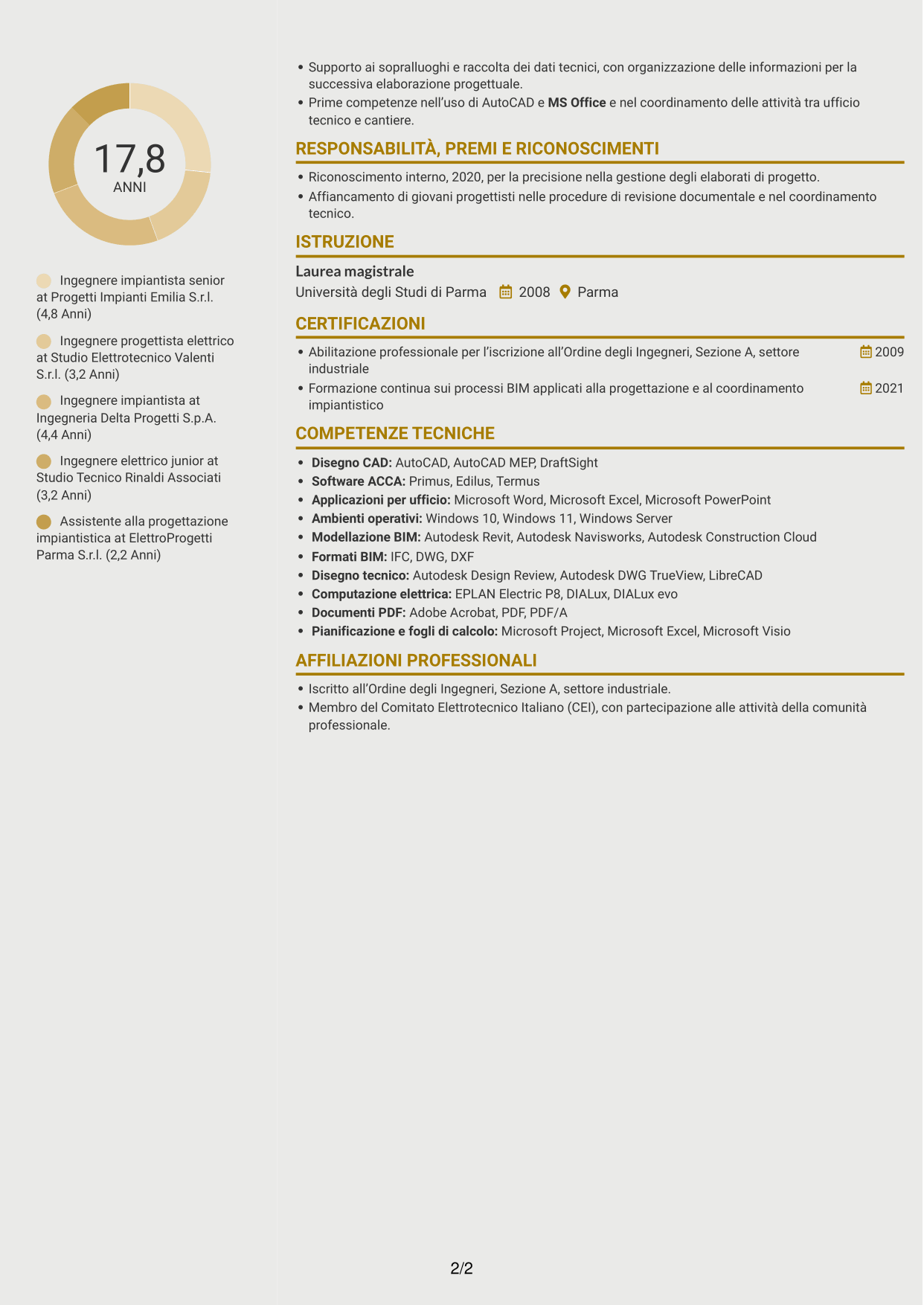 CV Dinamico (formato a due colonne con icone): Ingegnere impiantista senior - Progettazione impianti elettrici, pagina 2