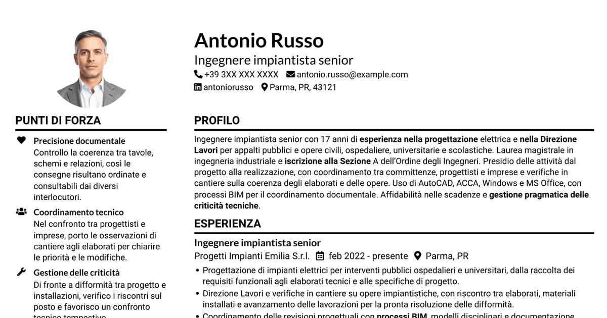 7 modelli di CV per Ingegnere impiantista senior - Progettazione impianti elettrici, con esempi