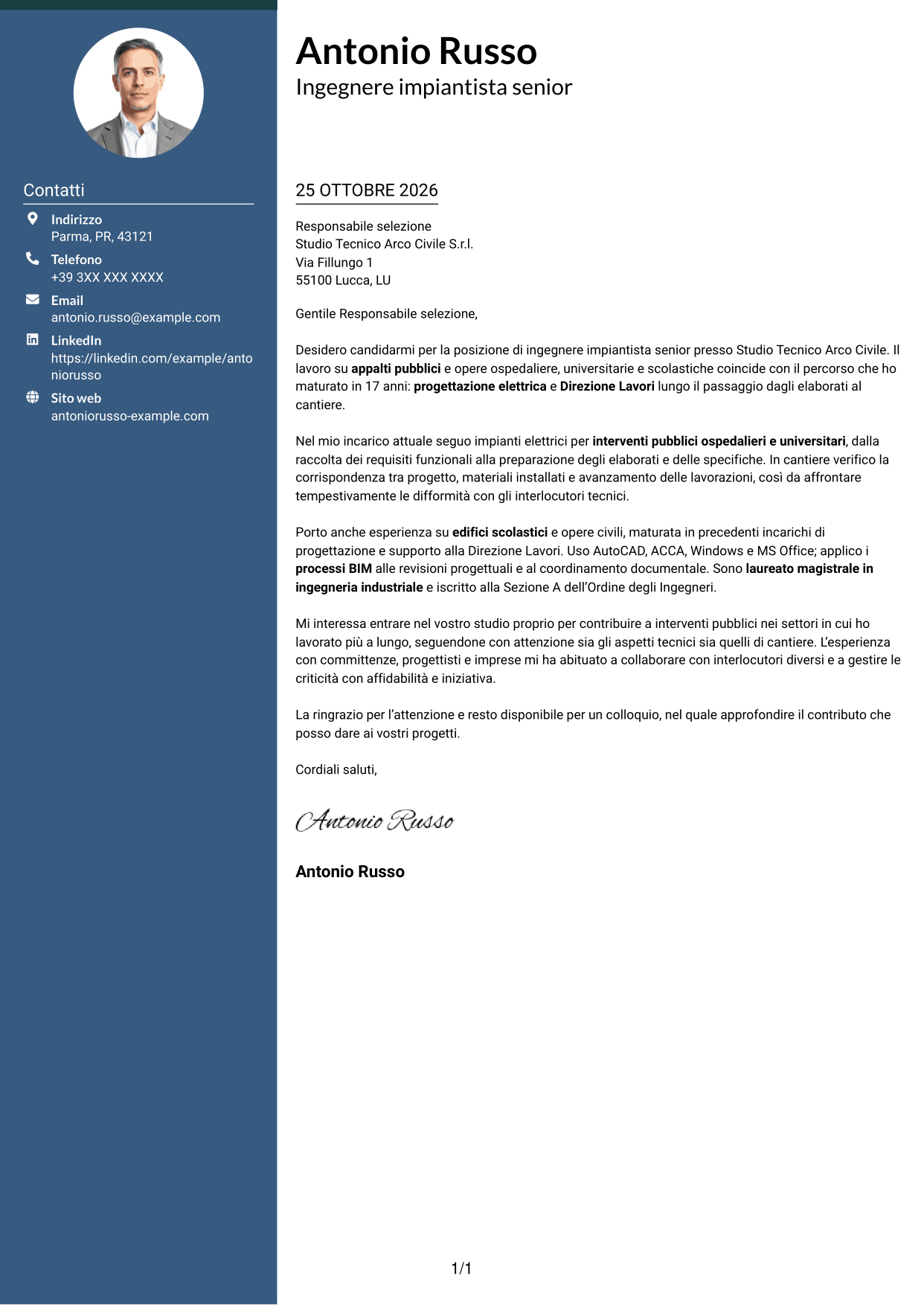 Lettera di presentazione Elegante (formato con colonna laterale colorata e foto): Ingegnere impiantista senior - Progettazione impianti elettrici, pagina 1