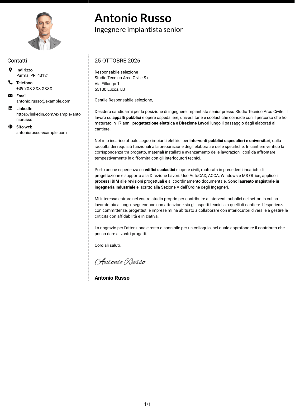 Lettera di presentazione Moderno (formato a due colonne con foto a sinistra e separatore): Ingegnere impiantista senior - Progettazione impianti elettrici, pagina 1