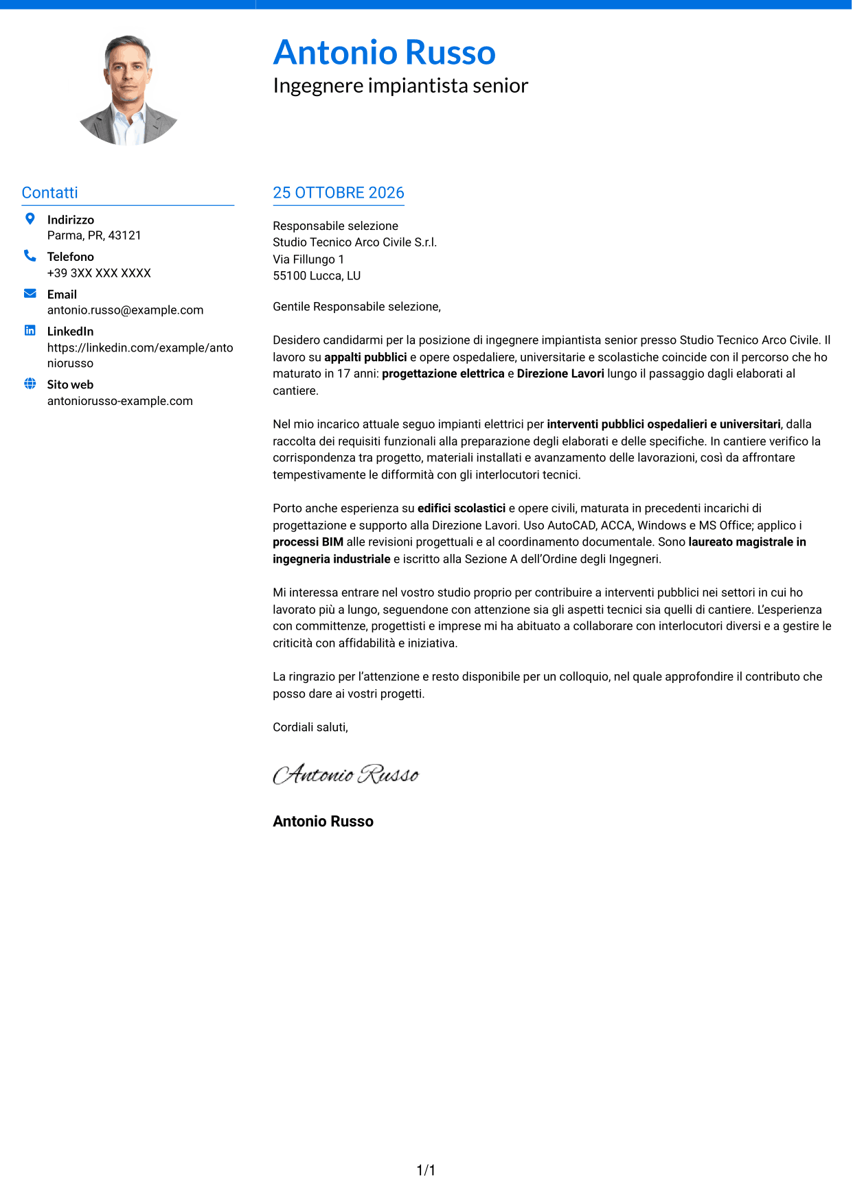 Lettera di presentazione Audace (formato a due colonne con accenti colorati e foto): Ingegnere impiantista senior - Progettazione impianti elettrici, pagina 1