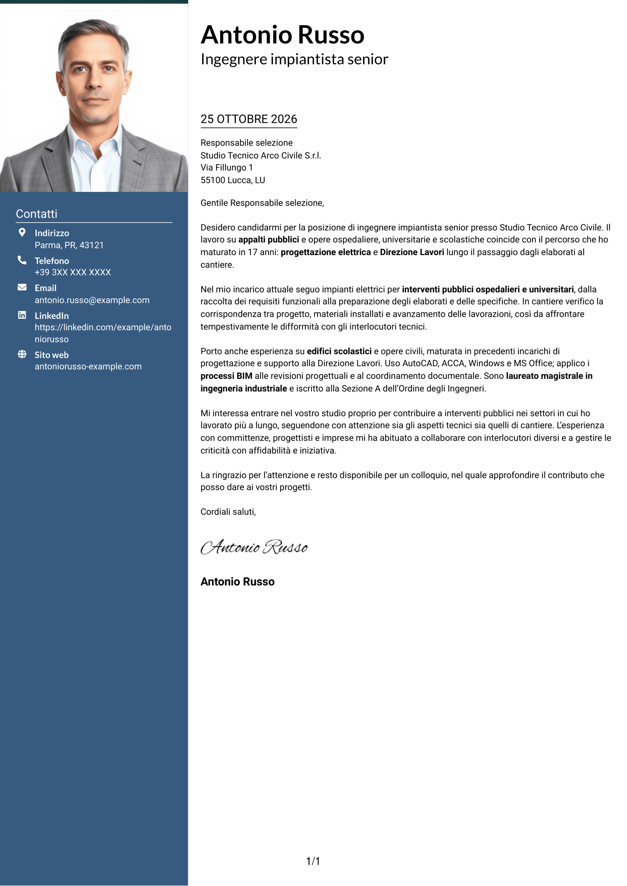 Lettera di presentazione Signature (formato con colonna laterale colorata e foto grande): Ingegnere impiantista senior - Progettazione impianti elettrici, pagina 1