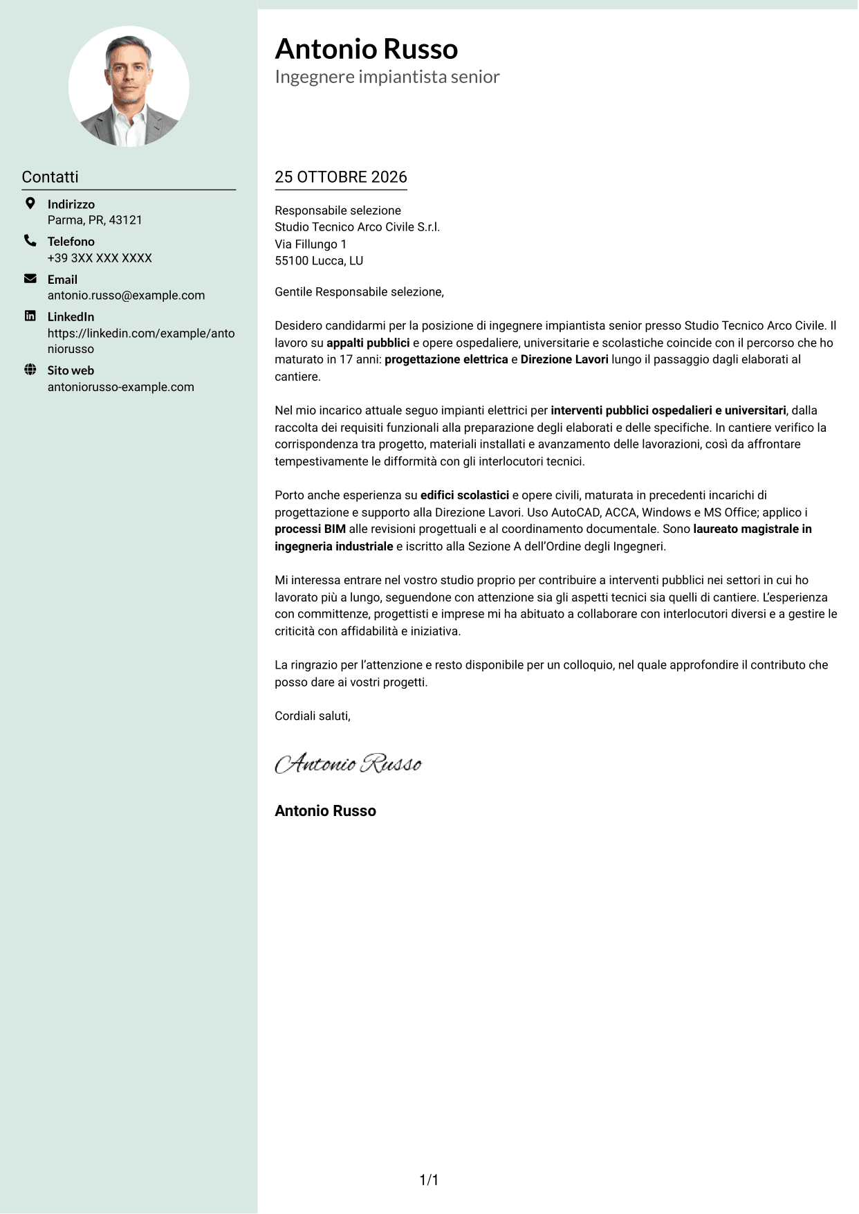 Lettera di presentazione Dirigente (formato con colonna laterale tenue e foto arrotondata): Ingegnere impiantista senior - Progettazione impianti elettrici, pagina 1