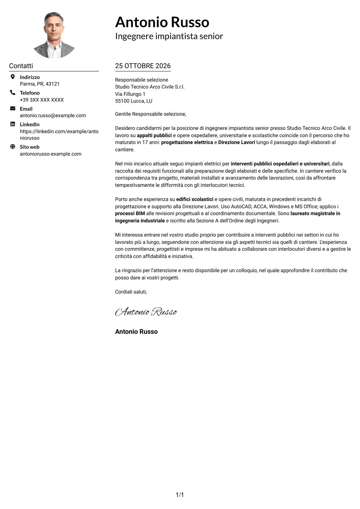 Esempio di lettera di presentazione — pagina 1