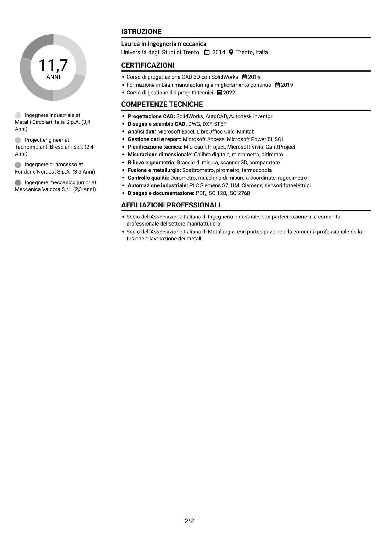 CV Compatto (formato sobrio a due colonne con foto): Ingegnere industriale - Processi produttivi e impianti, pagina 2