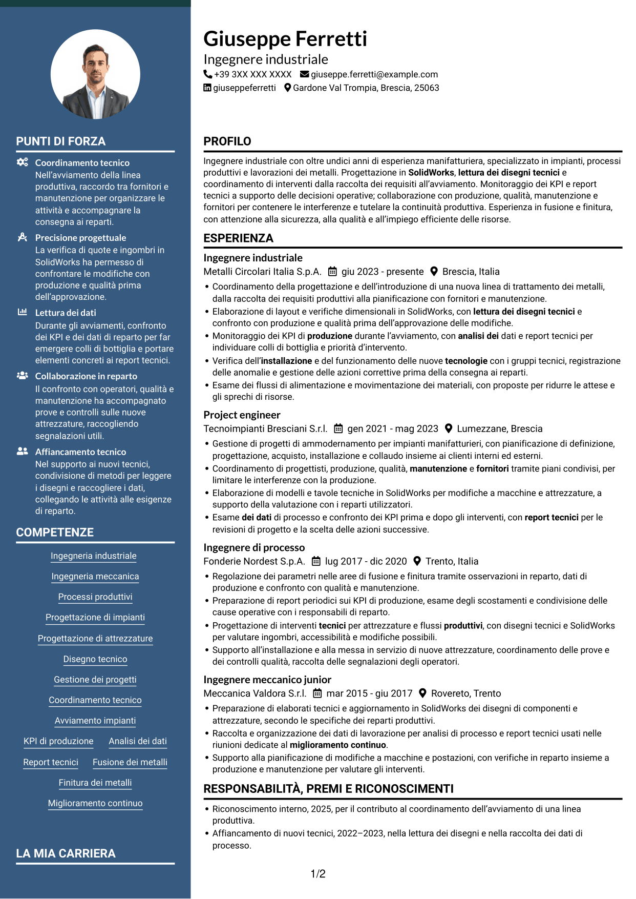 CV Elegante (formato con colonna laterale colorata e foto): Ingegnere industriale - Processi produttivi e impianti, pagina 1