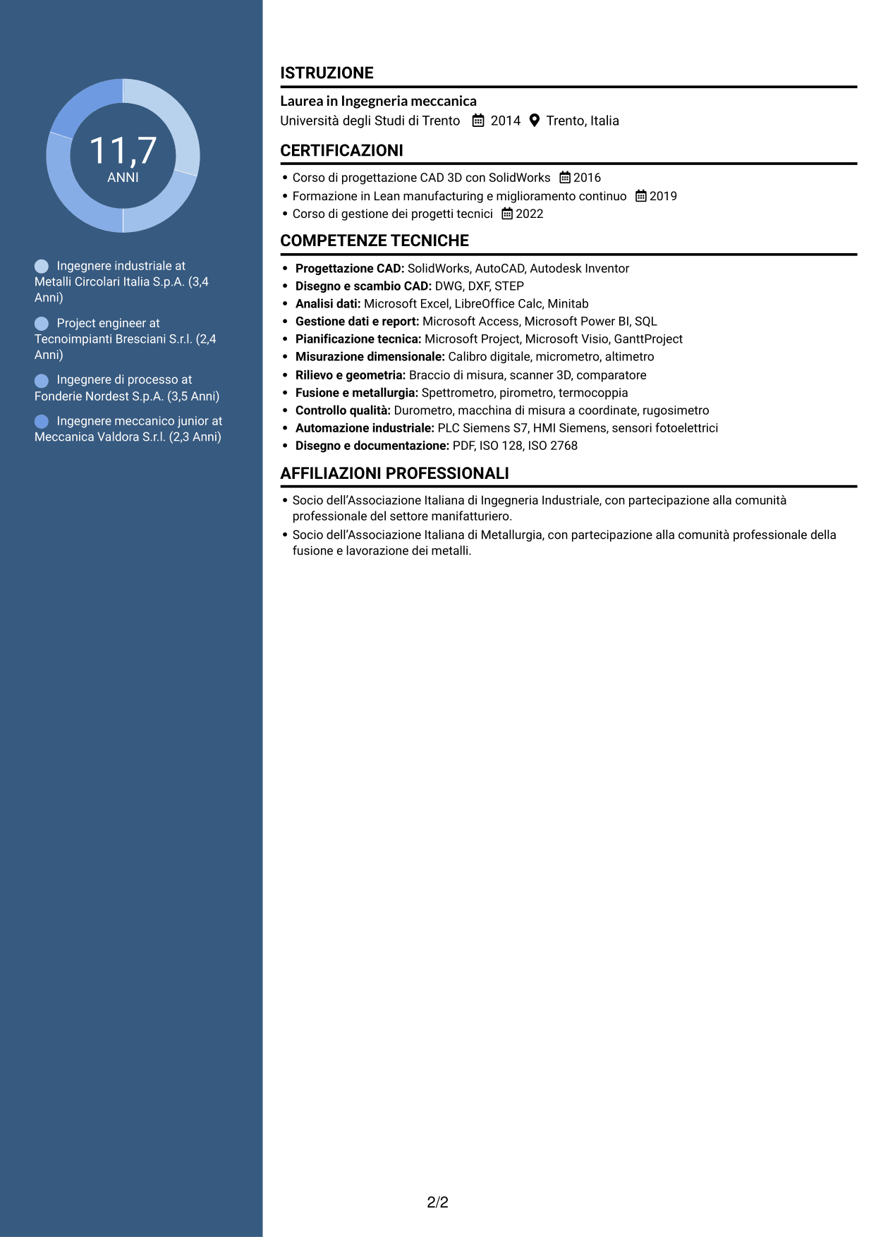 CV Elegante (formato con colonna laterale colorata e foto): Ingegnere industriale - Processi produttivi e impianti, pagina 2