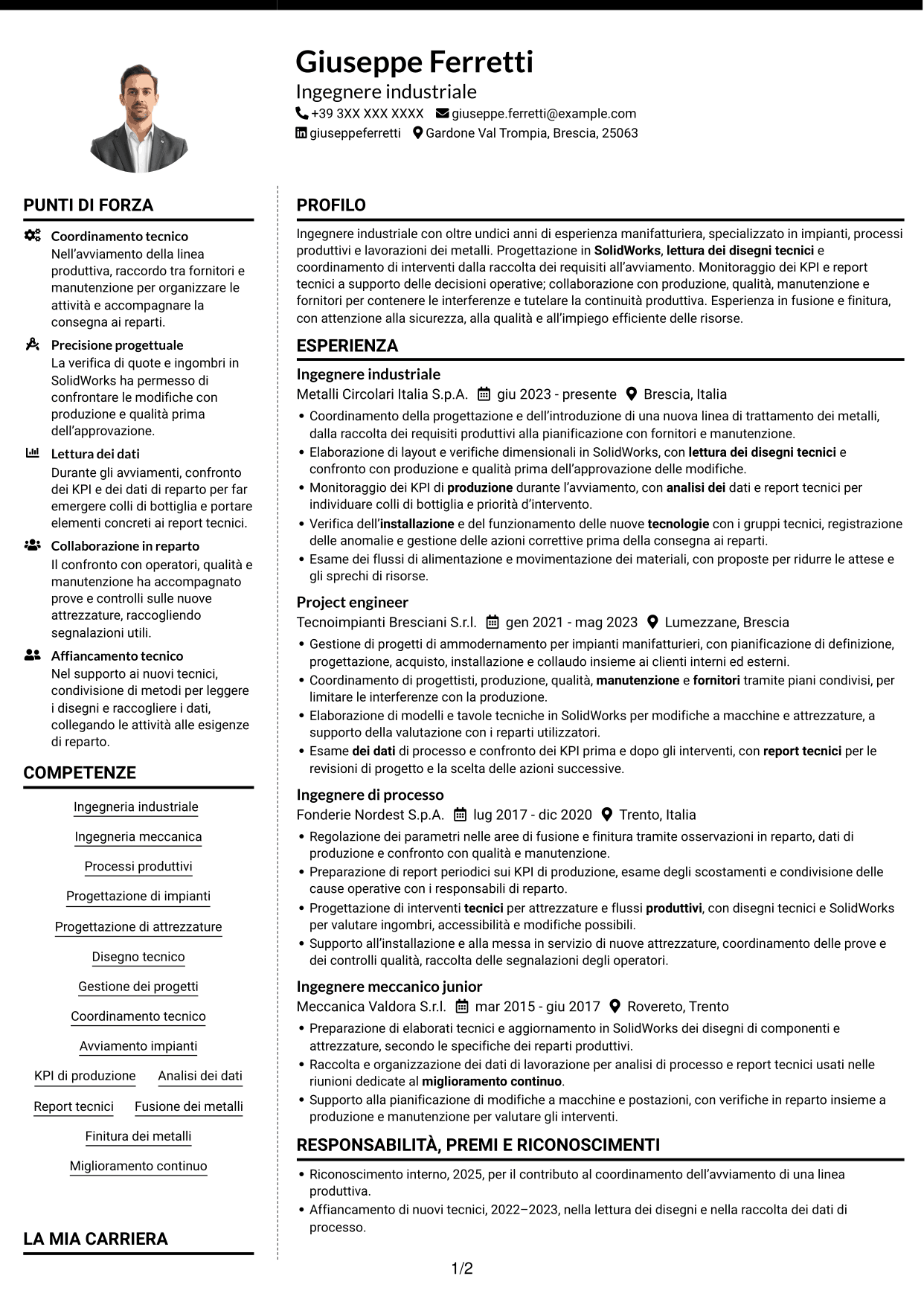 CV Moderno (formato a due colonne con foto a sinistra e separatore): Ingegnere industriale - Processi produttivi e impianti, pagina 1