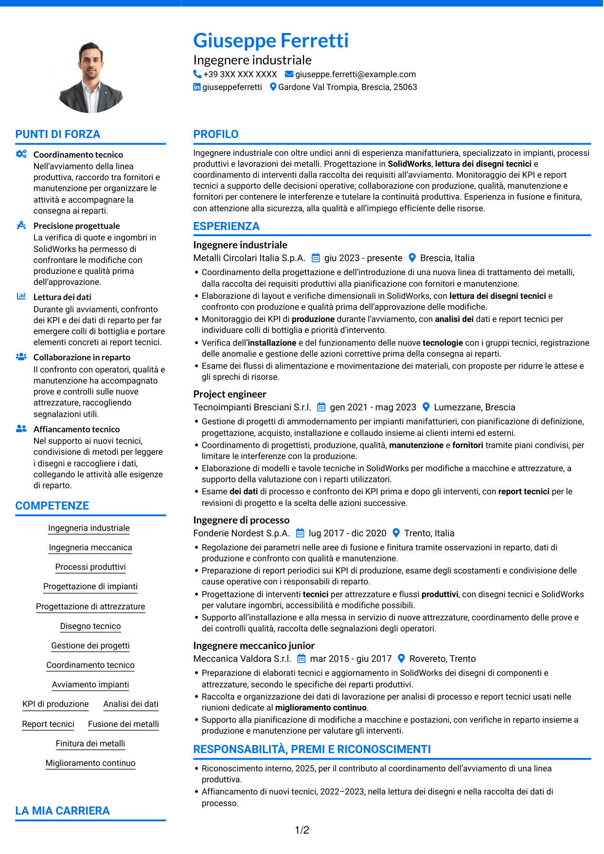 CV Audace (formato a due colonne con accenti colorati e foto): Ingegnere industriale - Processi produttivi e impianti, pagina 1