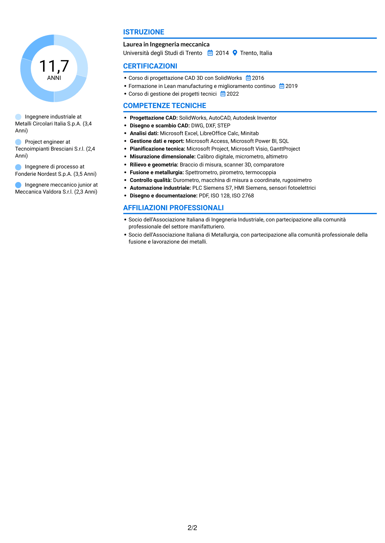 CV Audace (formato a due colonne con accenti colorati e foto): Ingegnere industriale - Processi produttivi e impianti, pagina 2