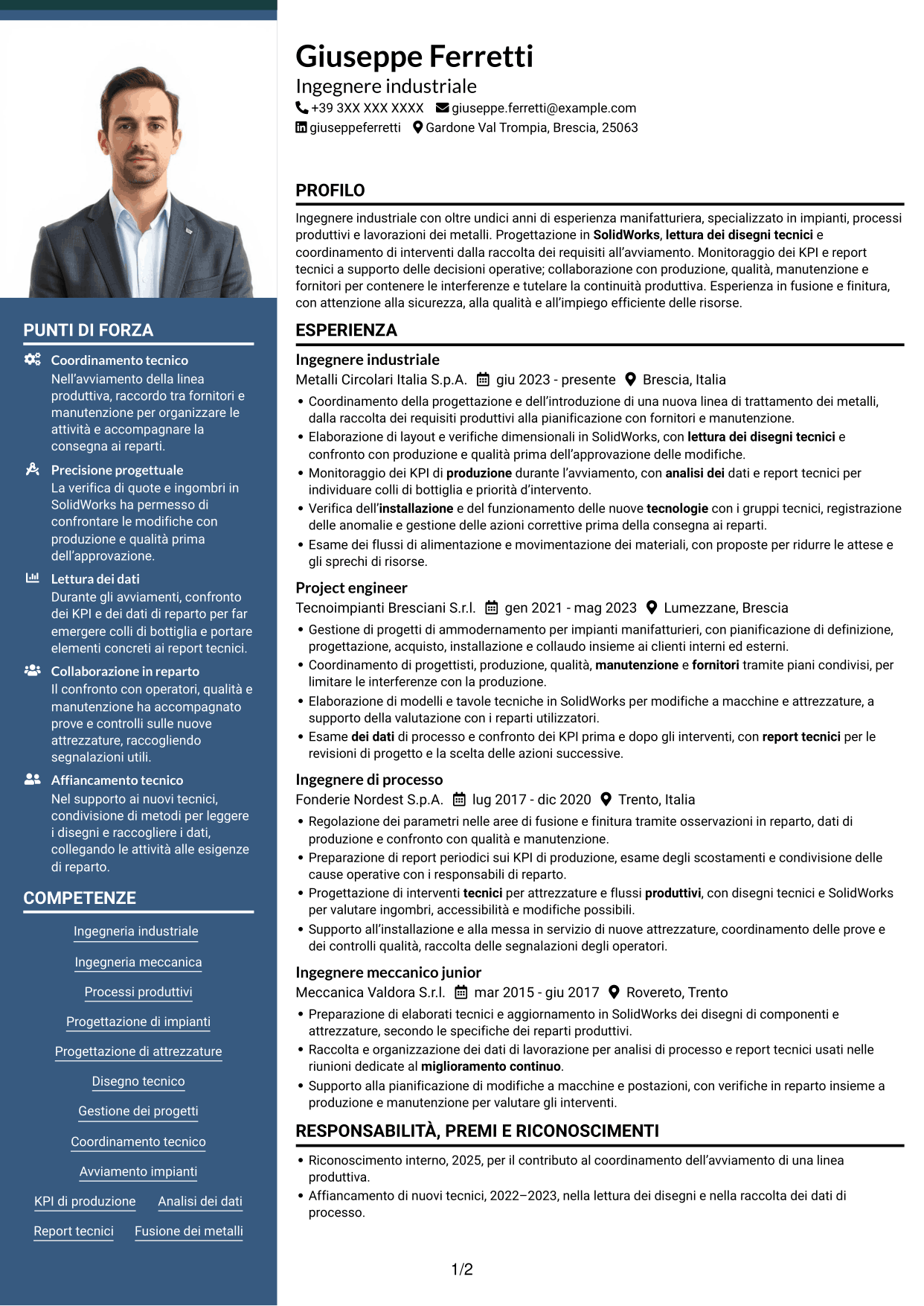 CV Signature (formato con colonna laterale colorata e foto grande): Ingegnere industriale - Processi produttivi e impianti, pagina 1