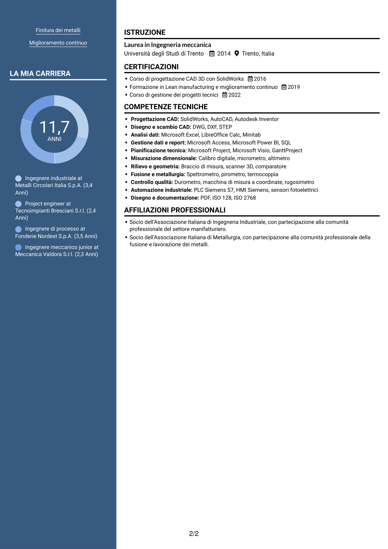 CV Signature (formato con colonna laterale colorata e foto grande): Ingegnere industriale - Processi produttivi e impianti, pagina 2