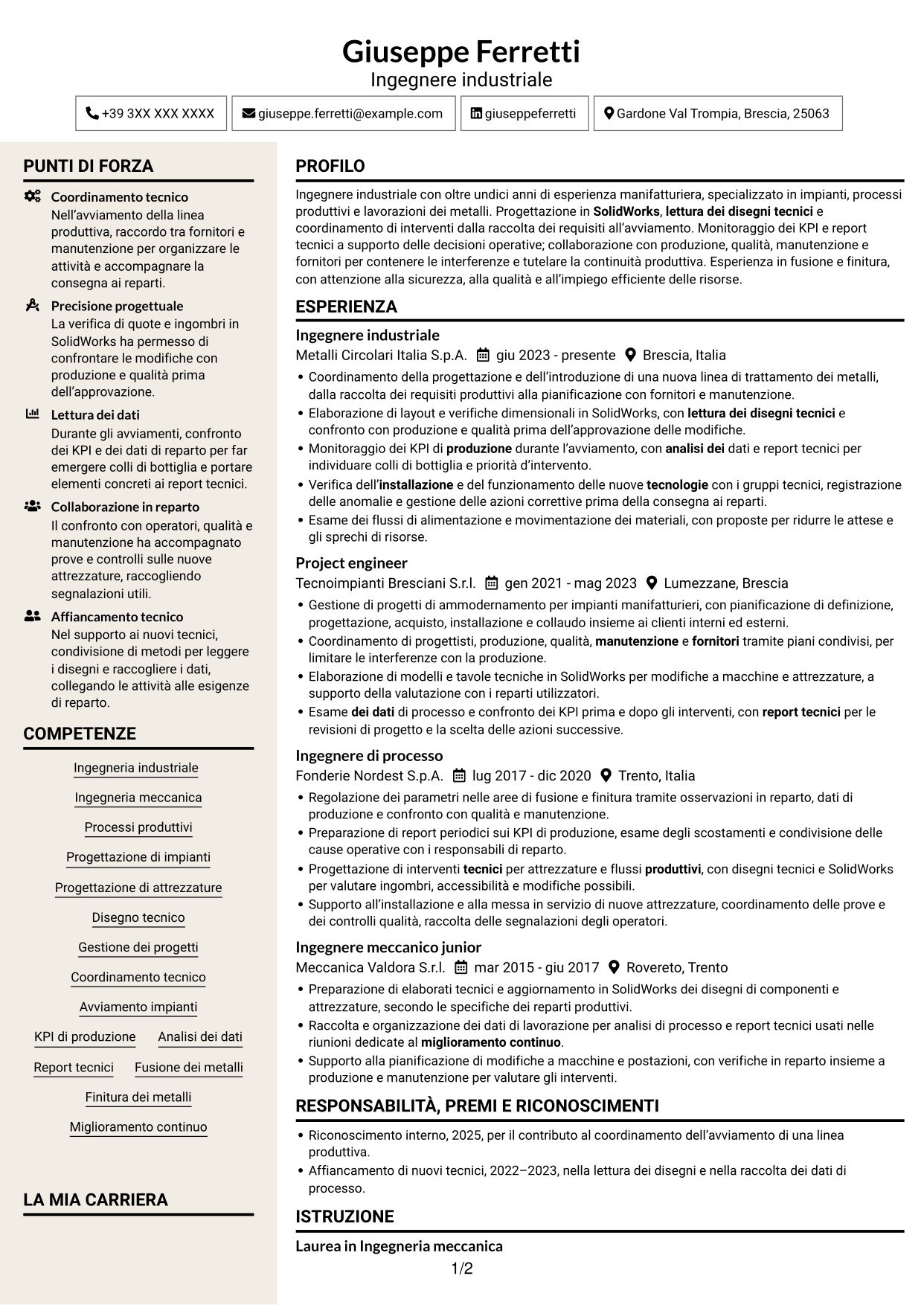 CV Intraprendente (formato a due colonne con intestazione centrata senza foto): Ingegnere industriale - Processi produttivi e impianti, pagina 1