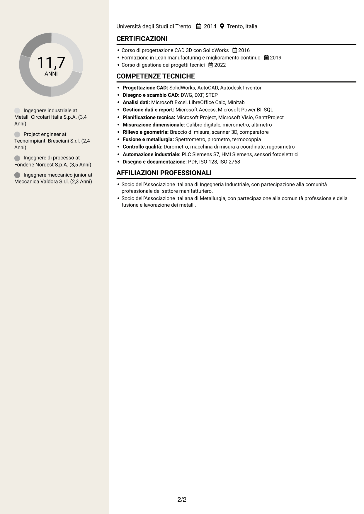 CV Intraprendente (formato a due colonne con intestazione centrata senza foto): Ingegnere industriale - Processi produttivi e impianti, pagina 2