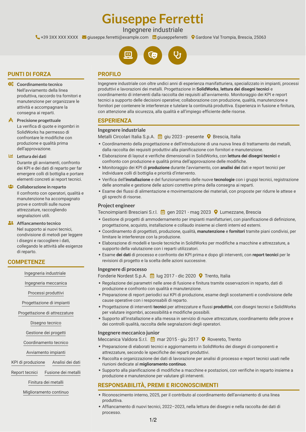 CV Dinamico (formato a due colonne con icone): Ingegnere industriale - Processi produttivi e impianti, pagina 1