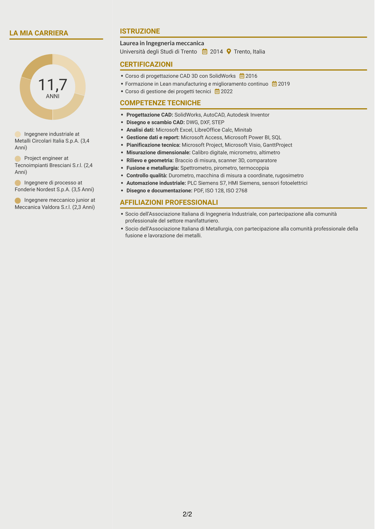 CV Dinamico (formato a due colonne con icone): Ingegnere industriale - Processi produttivi e impianti, pagina 2