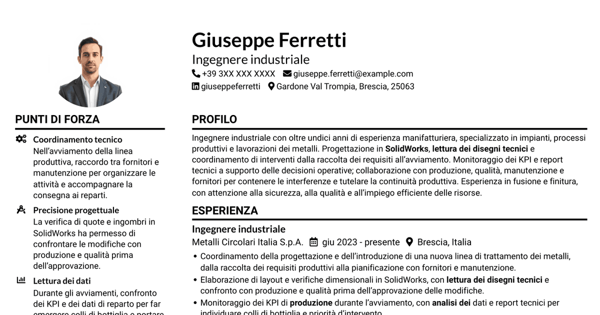 7 modelli di CV per Ingegnere industriale - Processi produttivi e impianti, con esempi