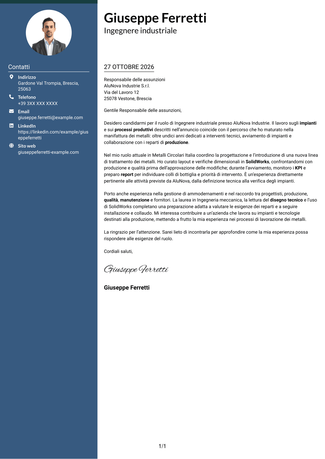 Lettera di presentazione Elegante (formato con colonna laterale colorata e foto): Ingegnere industriale - Processi produttivi e impianti, pagina 1