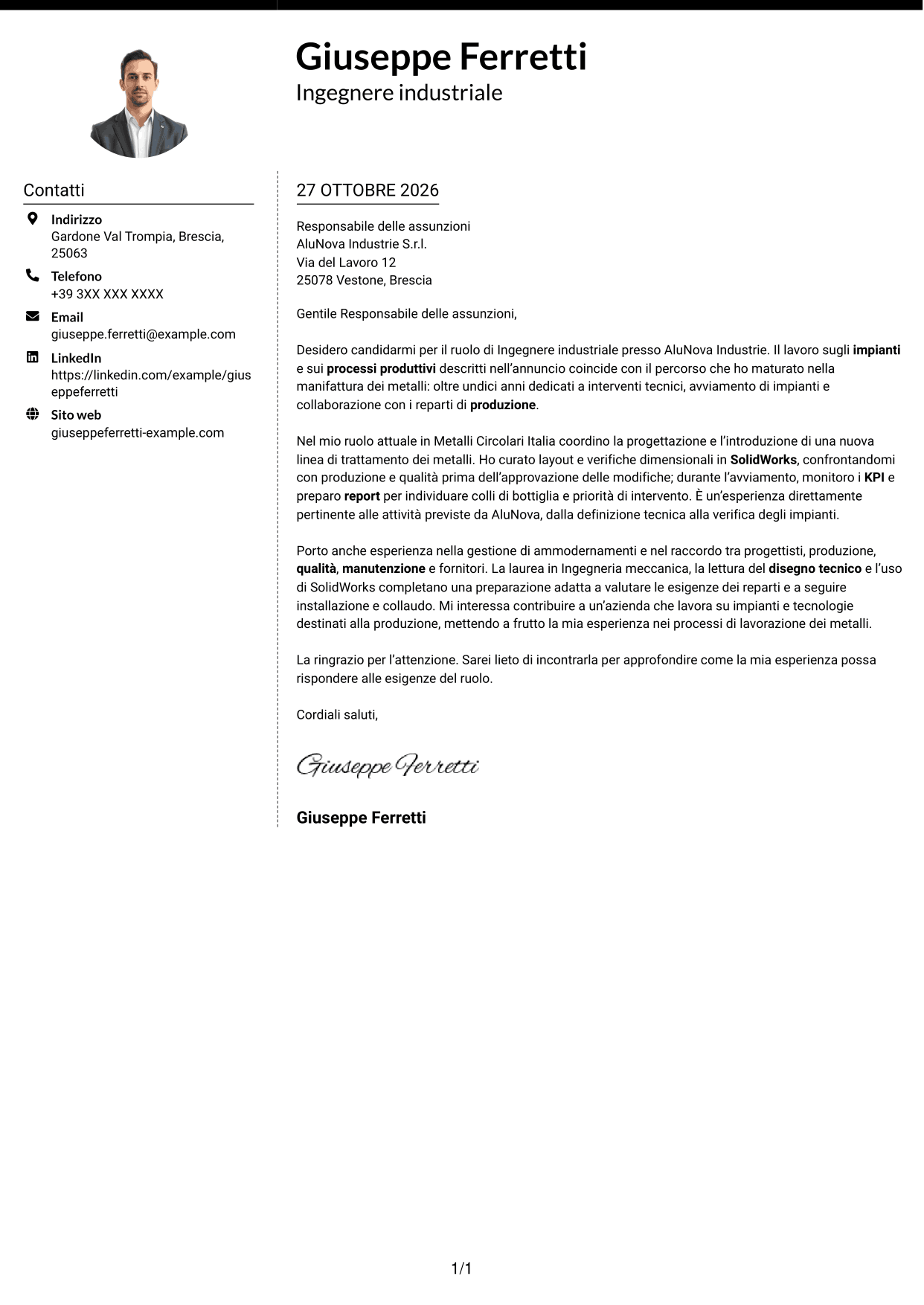 Lettera di presentazione Moderno (formato a due colonne con foto a sinistra e separatore): Ingegnere industriale - Processi produttivi e impianti, pagina 1