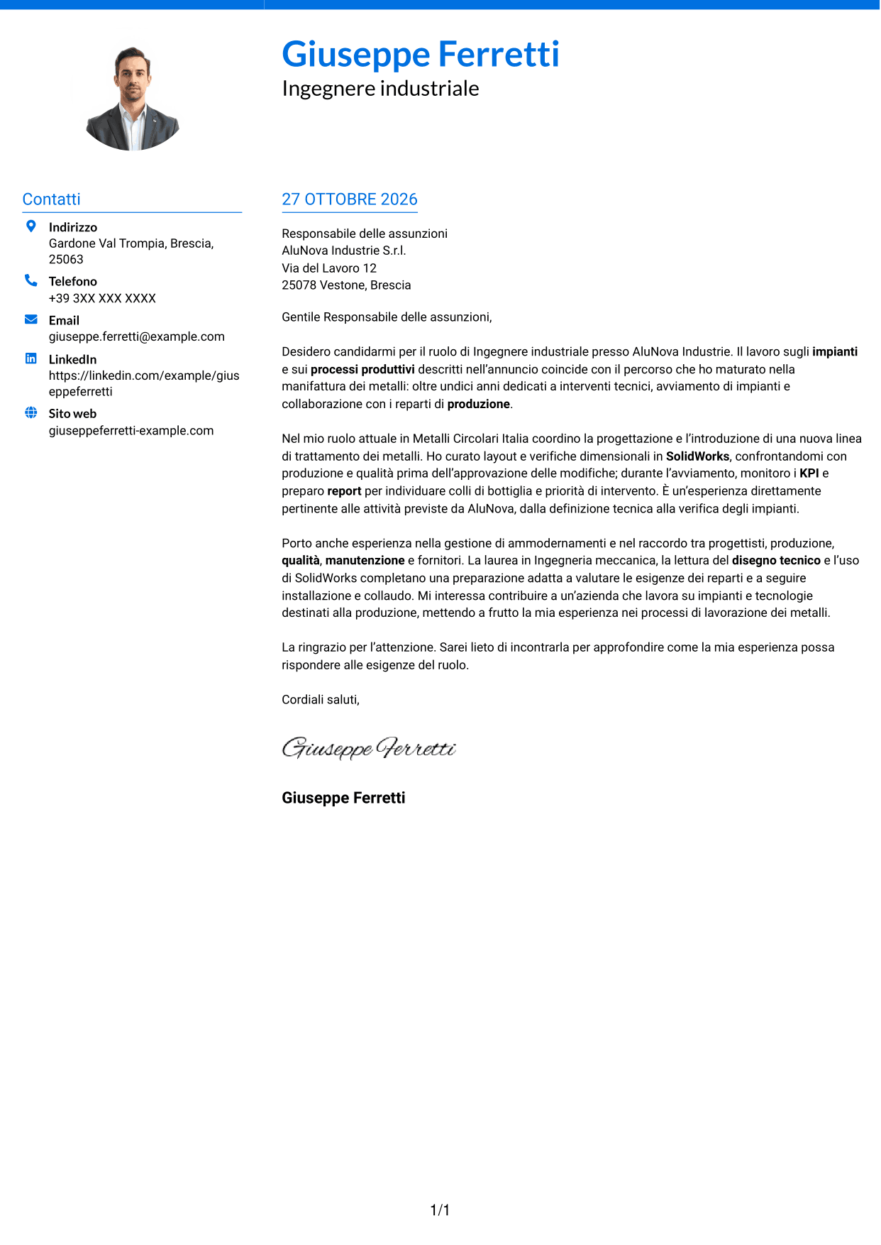 Lettera di presentazione Audace (formato a due colonne con accenti colorati e foto): Ingegnere industriale - Processi produttivi e impianti, pagina 1