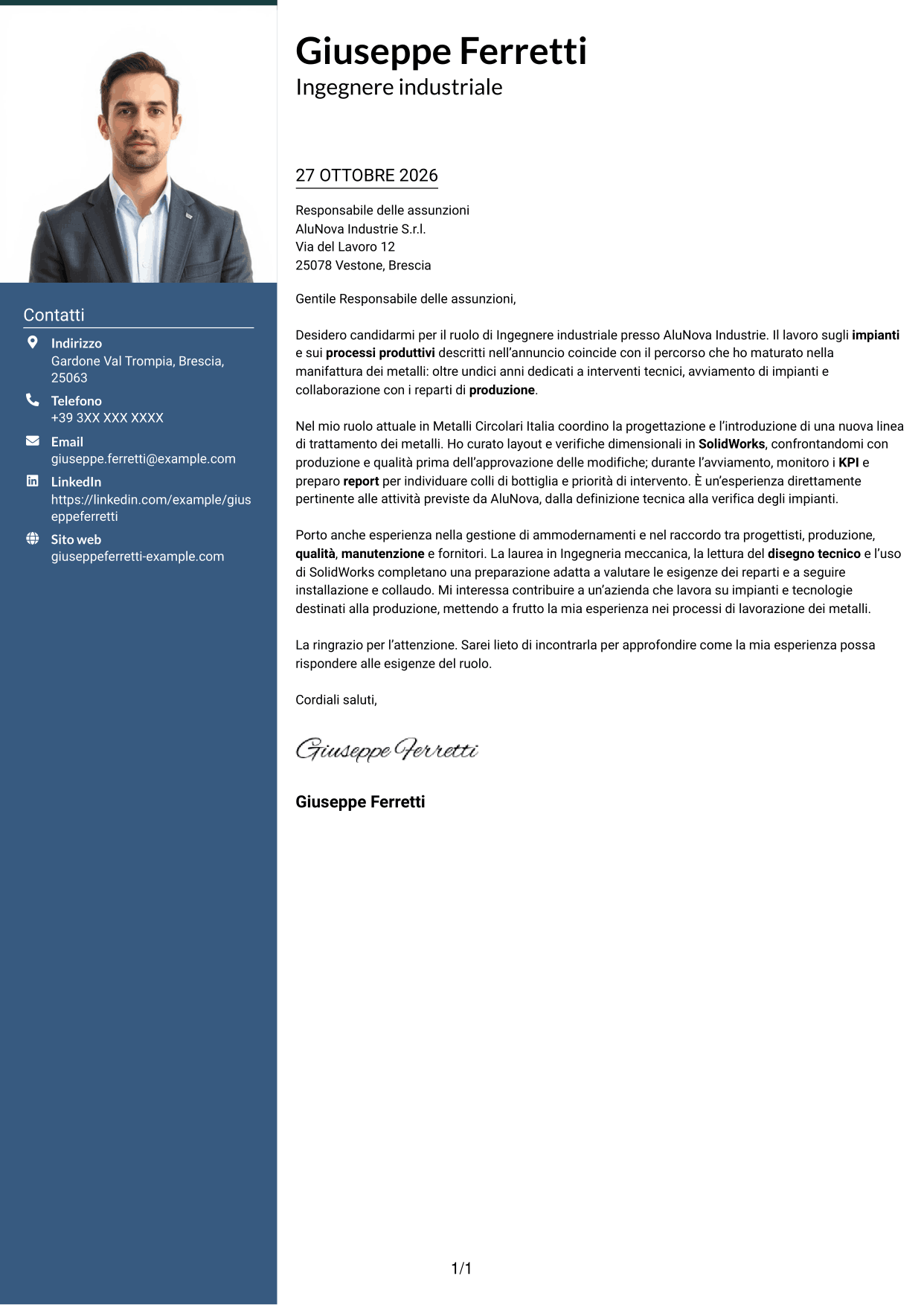 Lettera di presentazione Signature (formato con colonna laterale colorata e foto grande): Ingegnere industriale - Processi produttivi e impianti, pagina 1