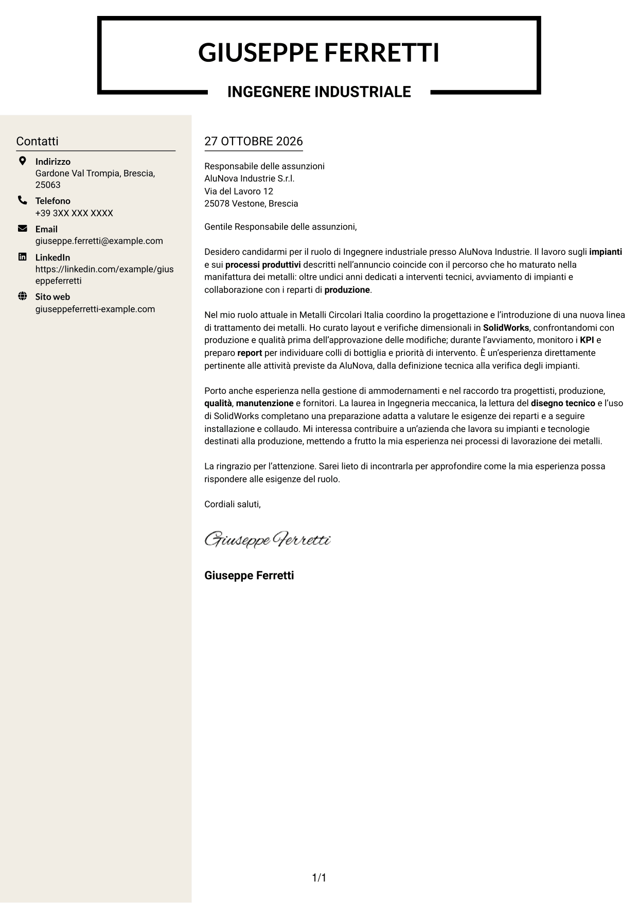 Lettera di presentazione Intraprendente (formato a due colonne con intestazione centrata senza foto): Ingegnere industriale - Processi produttivi e impianti, pagina 1
