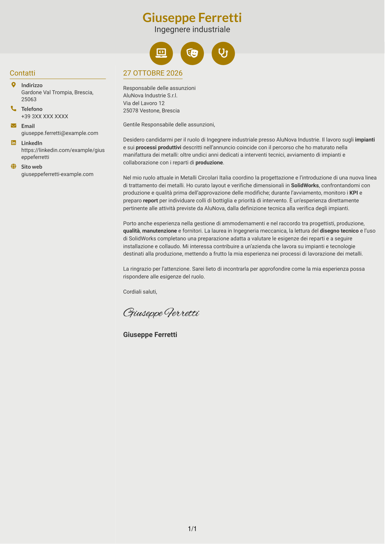 Lettera di presentazione Dinamico (formato a due colonne con icone): Ingegnere industriale - Processi produttivi e impianti, pagina 1