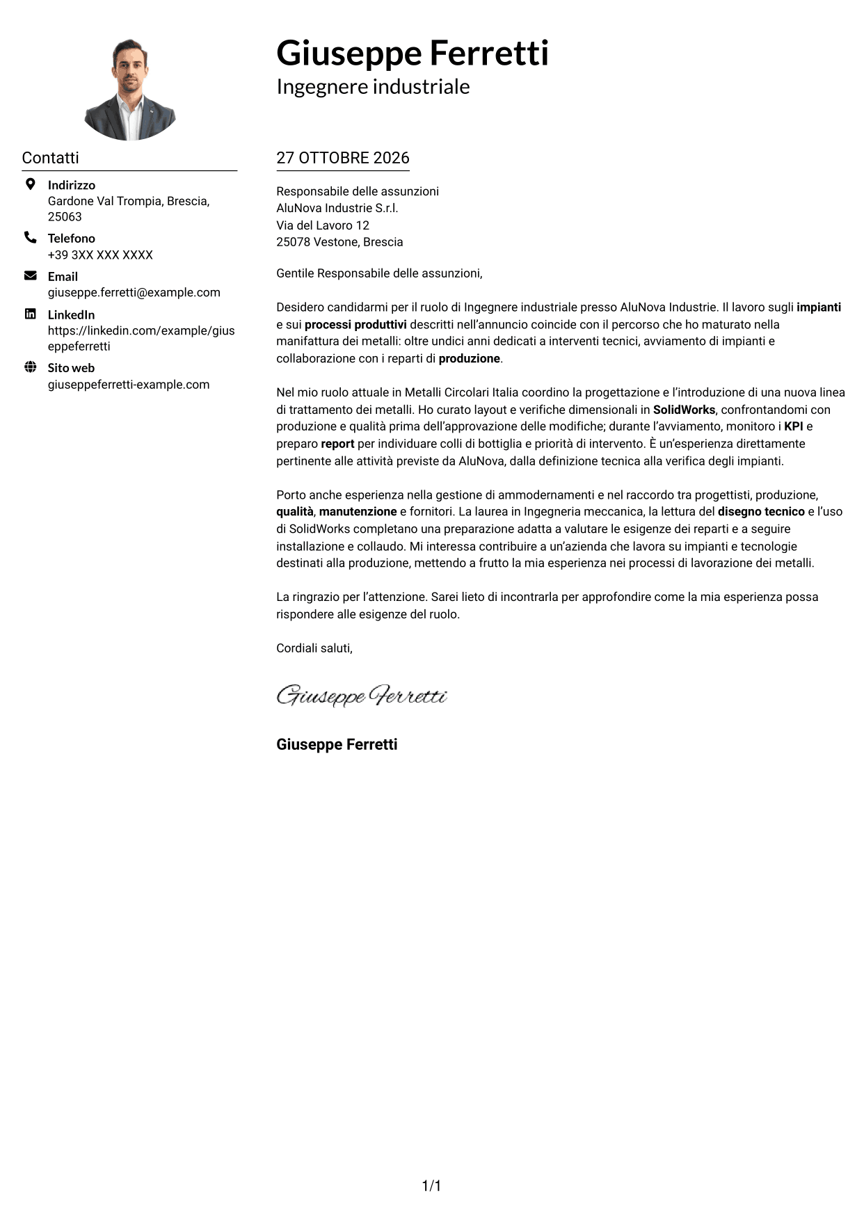 Esempio di lettera di presentazione — pagina 1