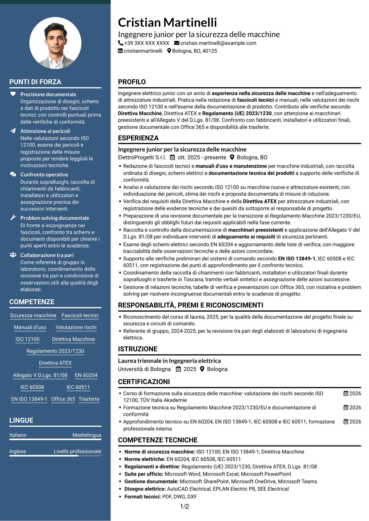 CV Elegante (formato con colonna laterale colorata e foto): Ingegnere junior - Sicurezza delle macchine, pagina 1