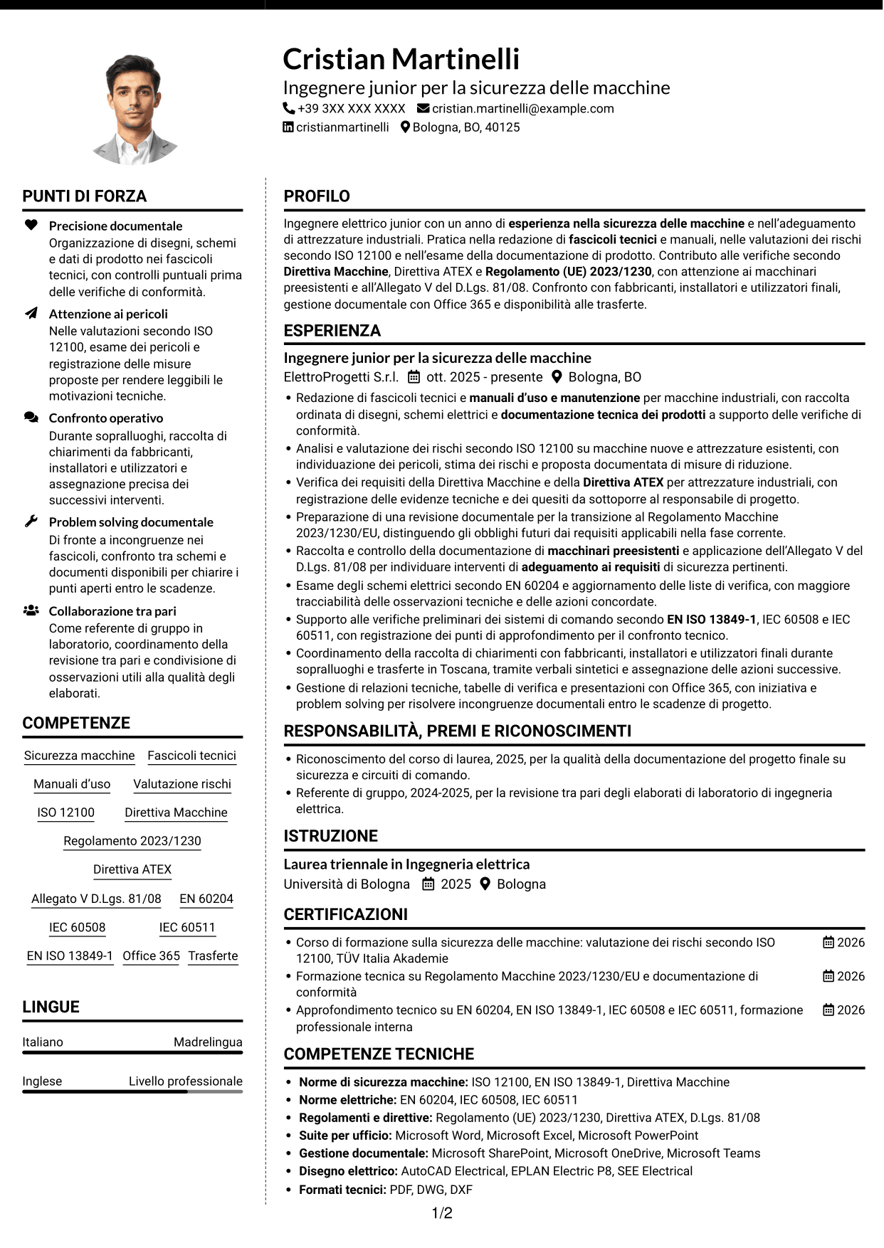 CV Moderno (formato a due colonne con foto a sinistra e separatore): Ingegnere junior - Sicurezza delle macchine, pagina 1