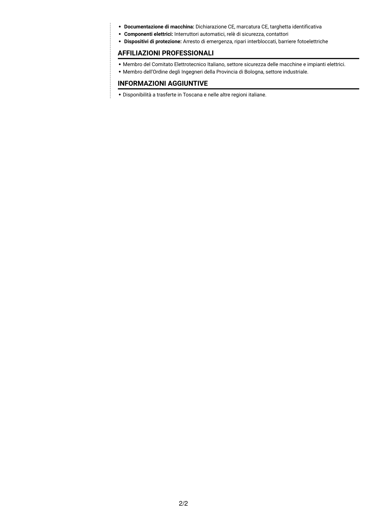 CV Moderno (formato a due colonne con foto a sinistra e separatore): Ingegnere junior - Sicurezza delle macchine, pagina 2