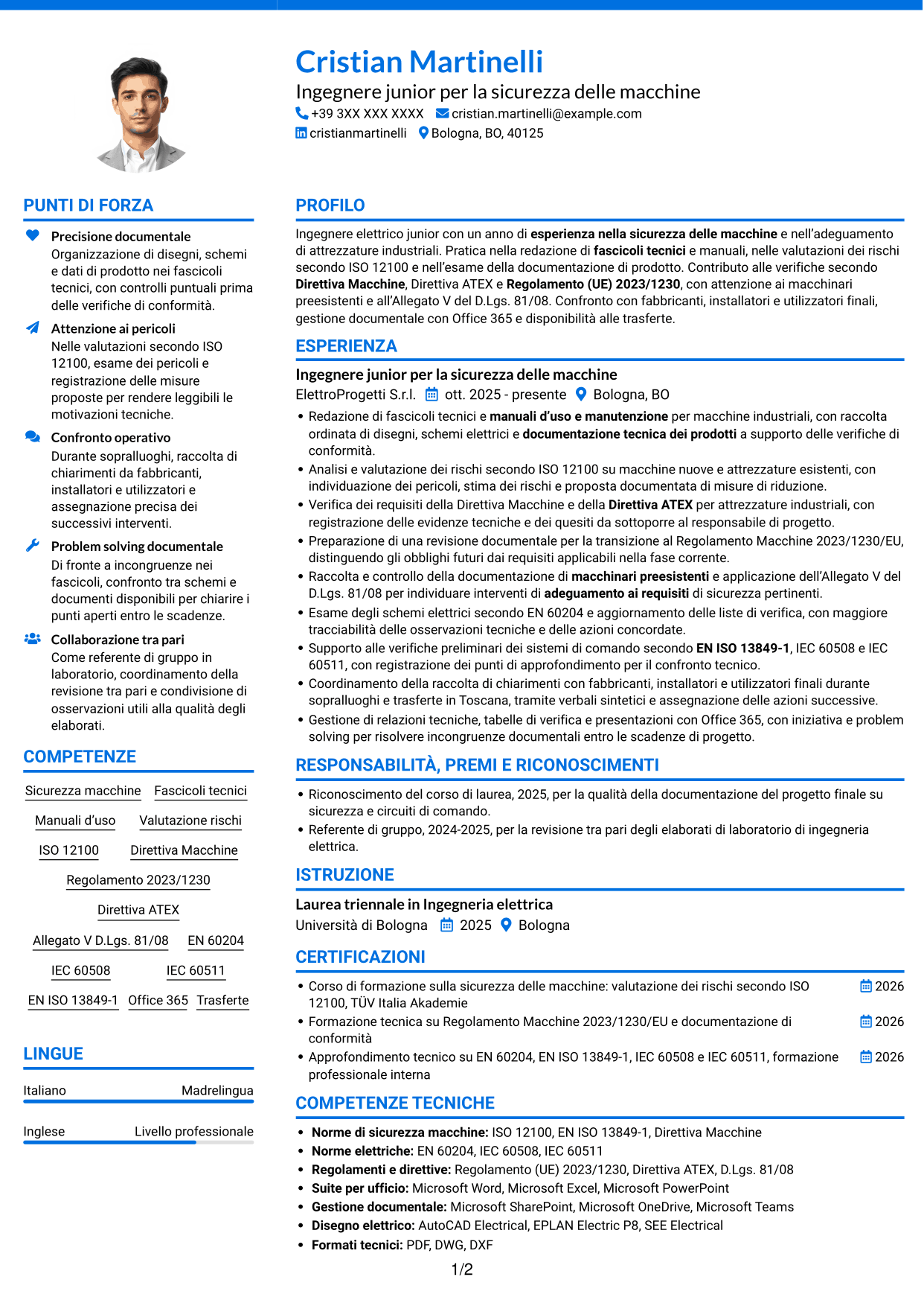 CV Audace (formato a due colonne con accenti colorati e foto): Ingegnere junior - Sicurezza delle macchine, pagina 1