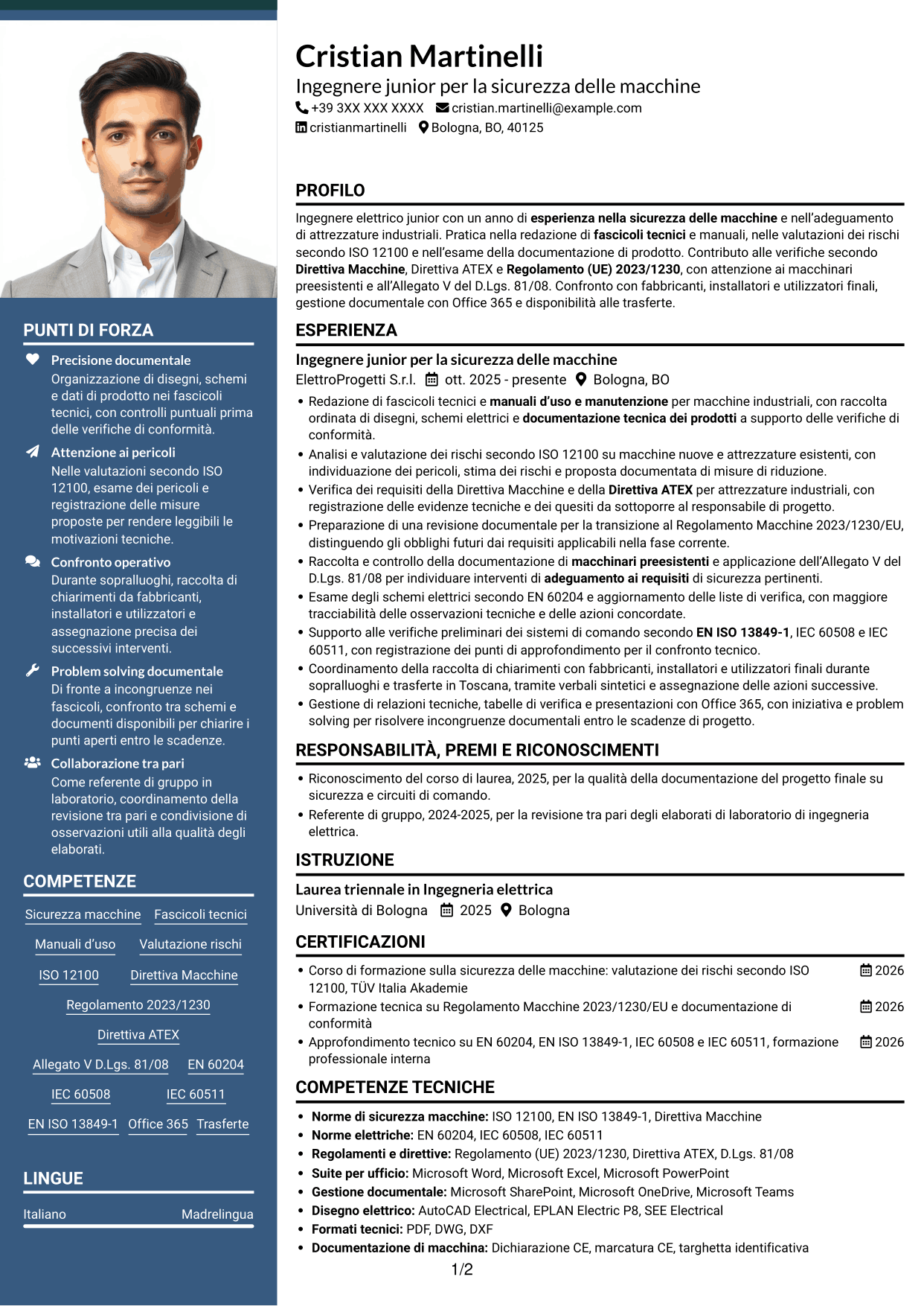 CV Signature (formato con colonna laterale colorata e foto grande): Ingegnere junior - Sicurezza delle macchine, pagina 1