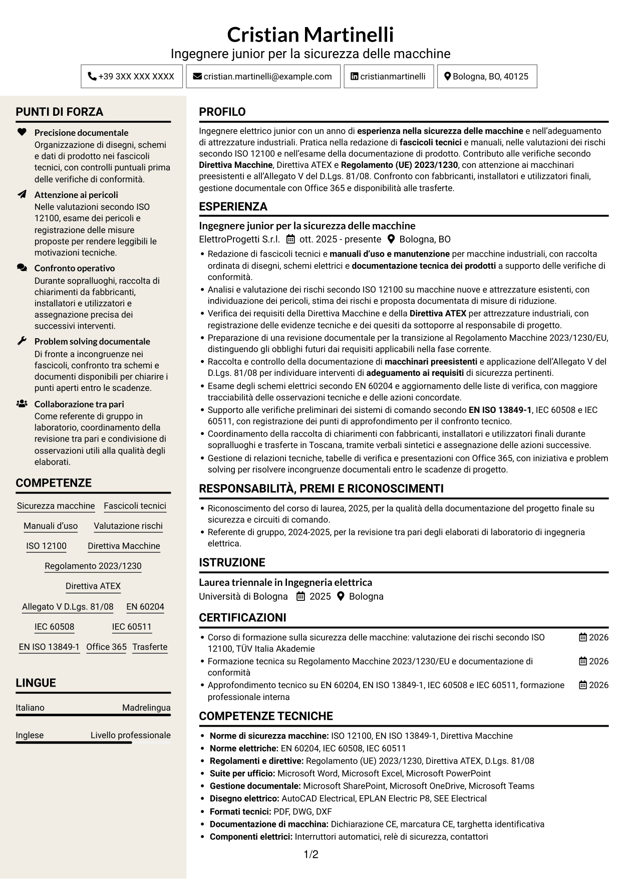 CV Intraprendente (formato a due colonne con intestazione centrata senza foto): Ingegnere junior - Sicurezza delle macchine, pagina 1