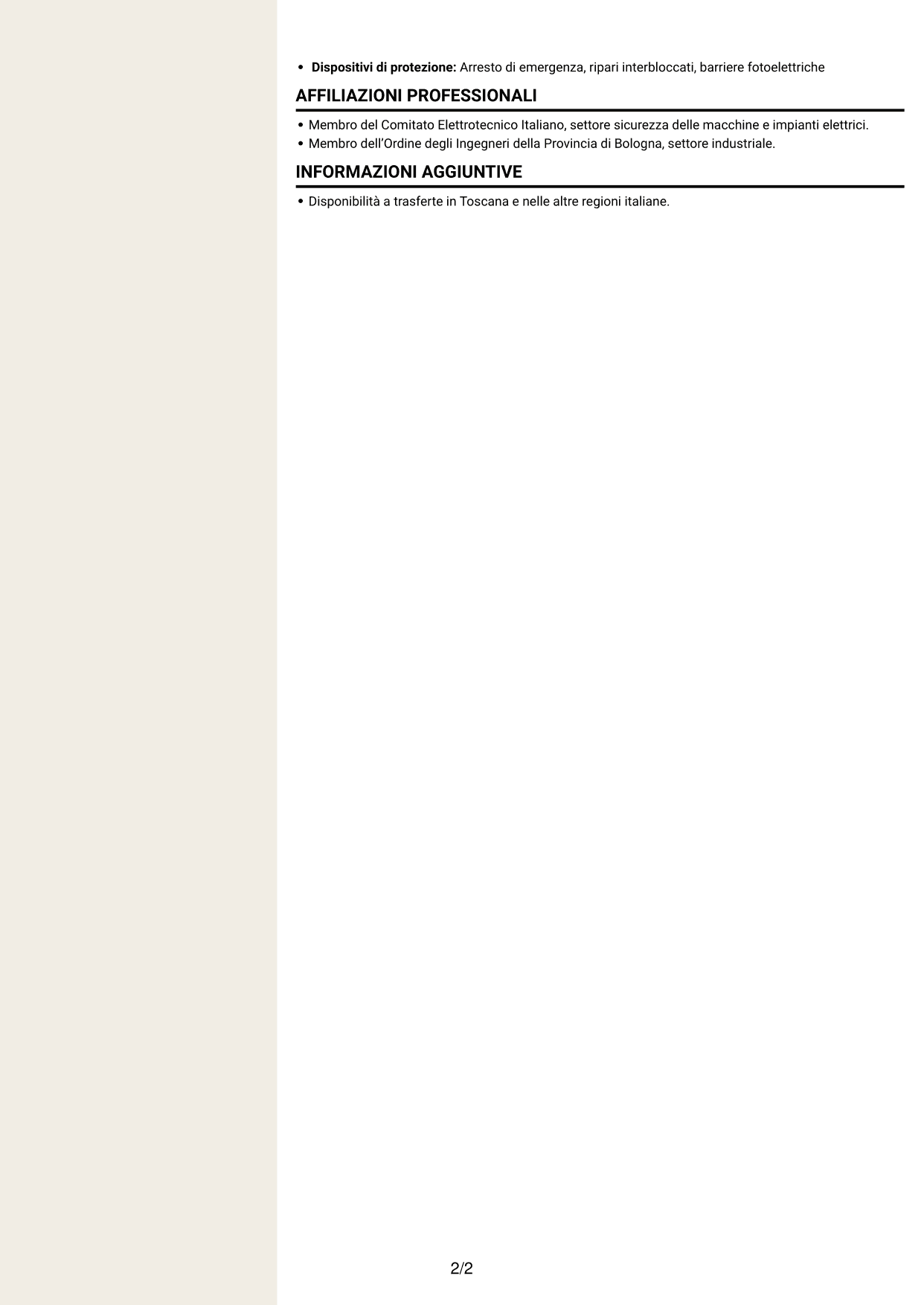 CV Intraprendente (formato a due colonne con intestazione centrata senza foto): Ingegnere junior - Sicurezza delle macchine, pagina 2