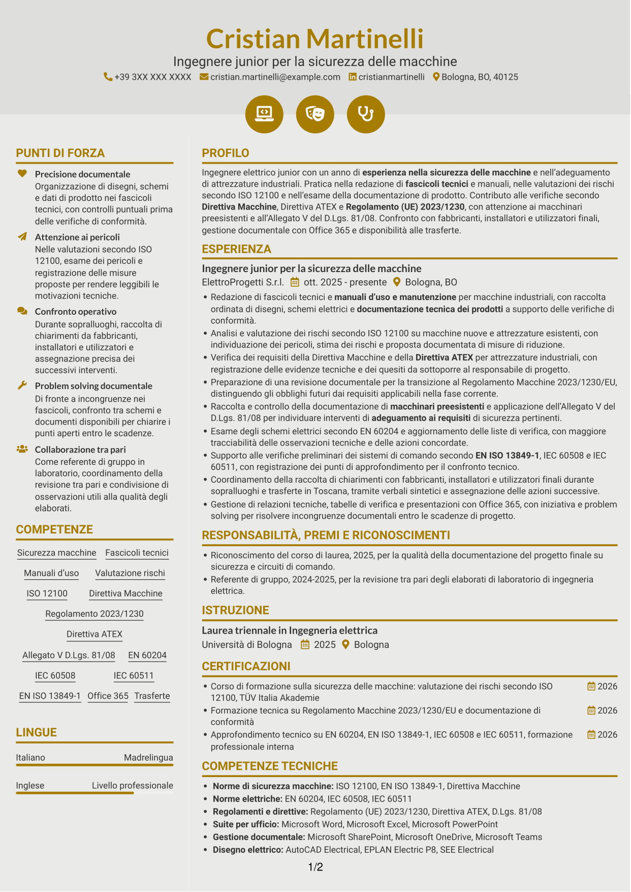 CV Dinamico (formato a due colonne con icone): Ingegnere junior - Sicurezza delle macchine, pagina 1
