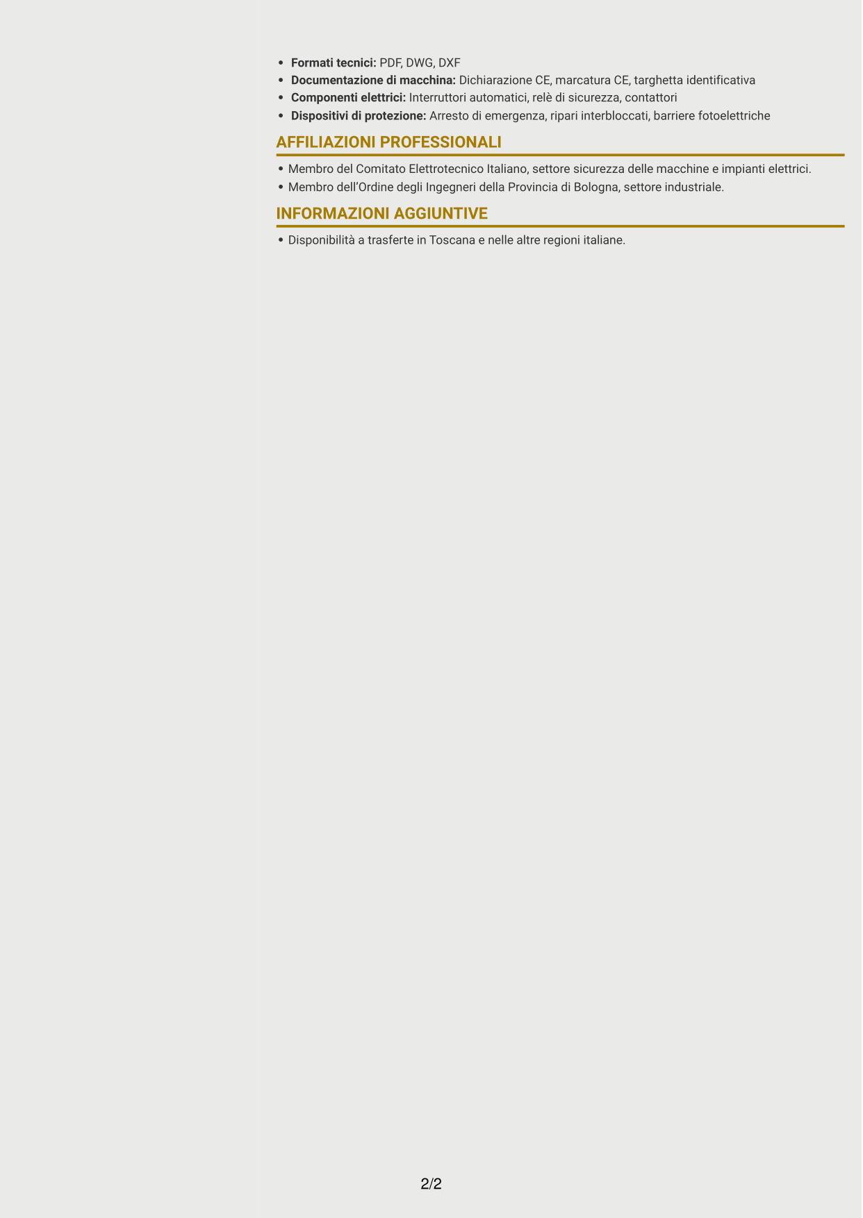 CV Dinamico (formato a due colonne con icone): Ingegnere junior - Sicurezza delle macchine, pagina 2