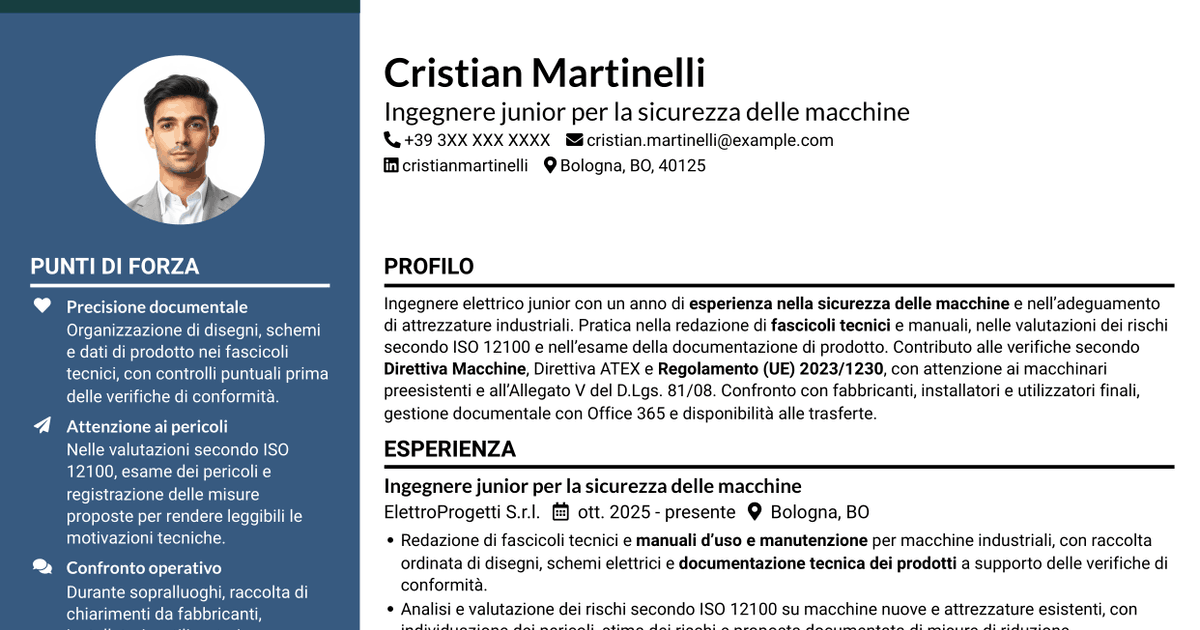 7 modelli di CV per Ingegnere junior - Sicurezza delle macchine, con esempi