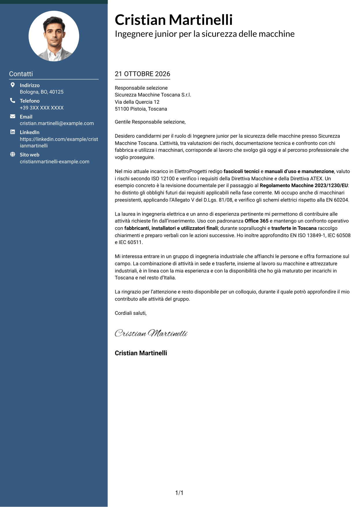 Lettera di presentazione Elegante (formato con colonna laterale colorata e foto): Ingegnere junior - Sicurezza delle macchine, pagina 1