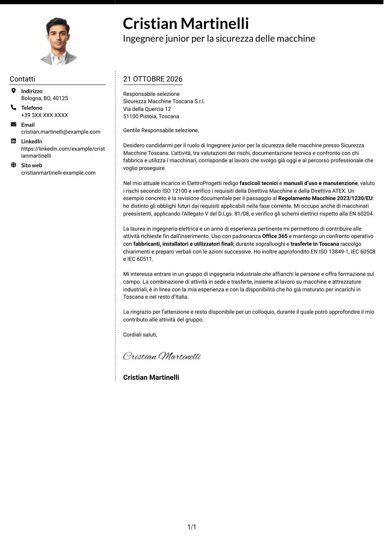 Lettera di presentazione Moderno (formato a due colonne con foto a sinistra e separatore): Ingegnere junior - Sicurezza delle macchine, pagina 1
