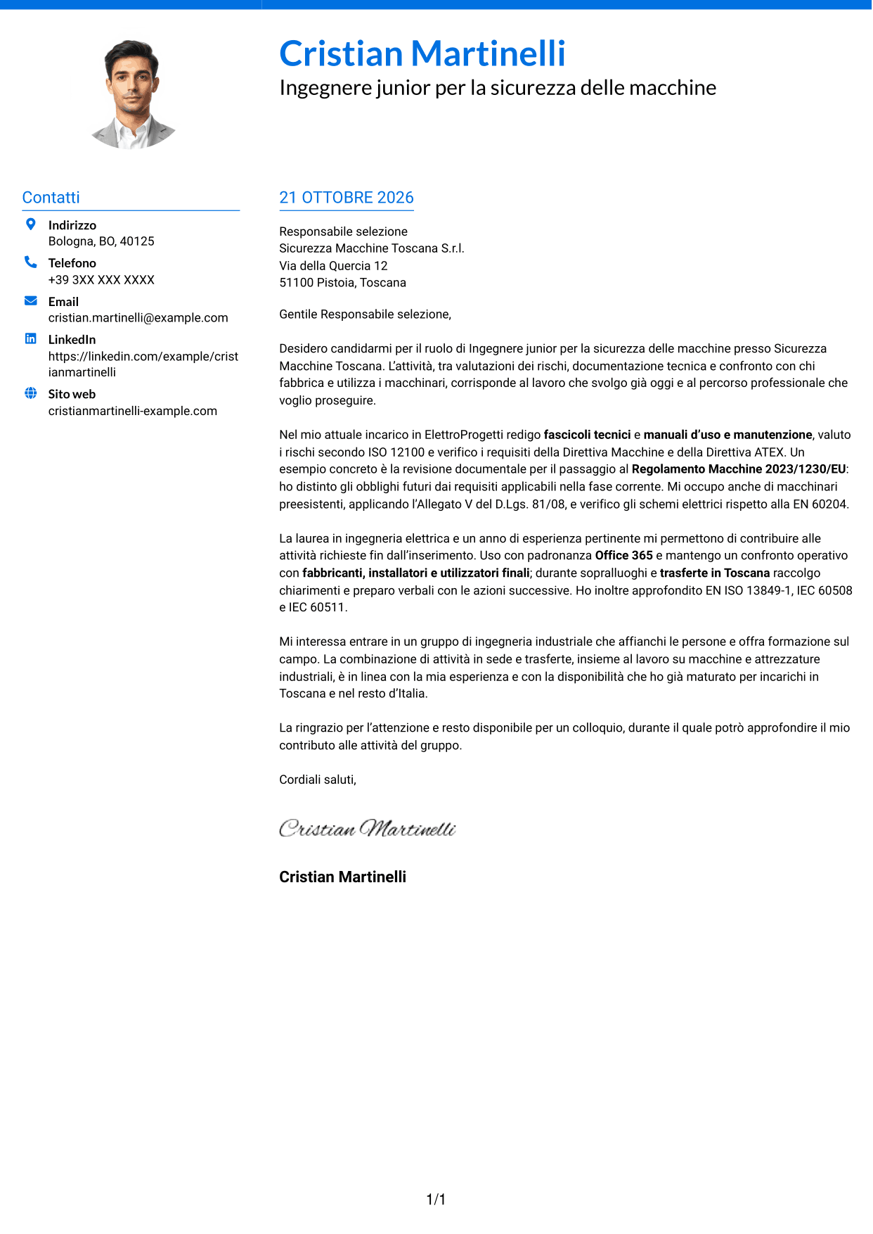 Lettera di presentazione Audace (formato a due colonne con accenti colorati e foto): Ingegnere junior - Sicurezza delle macchine, pagina 1