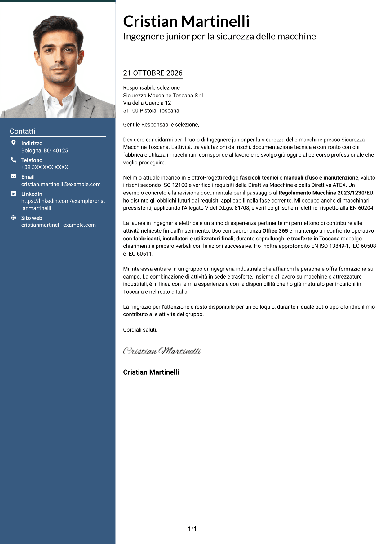 Lettera di presentazione Signature (formato con colonna laterale colorata e foto grande): Ingegnere junior - Sicurezza delle macchine, pagina 1