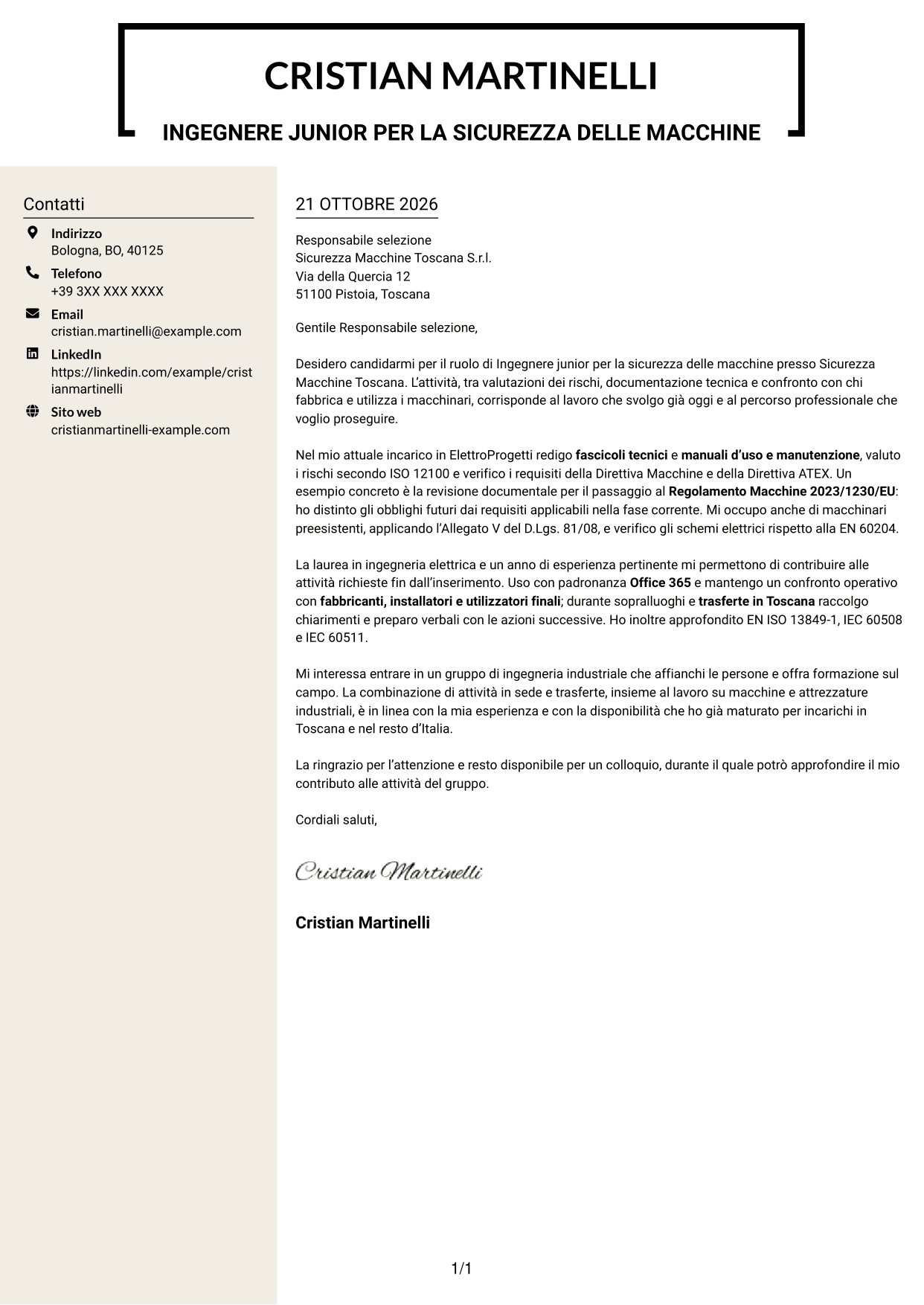 Lettera di presentazione Intraprendente (formato a due colonne con intestazione centrata senza foto): Ingegnere junior - Sicurezza delle macchine, pagina 1