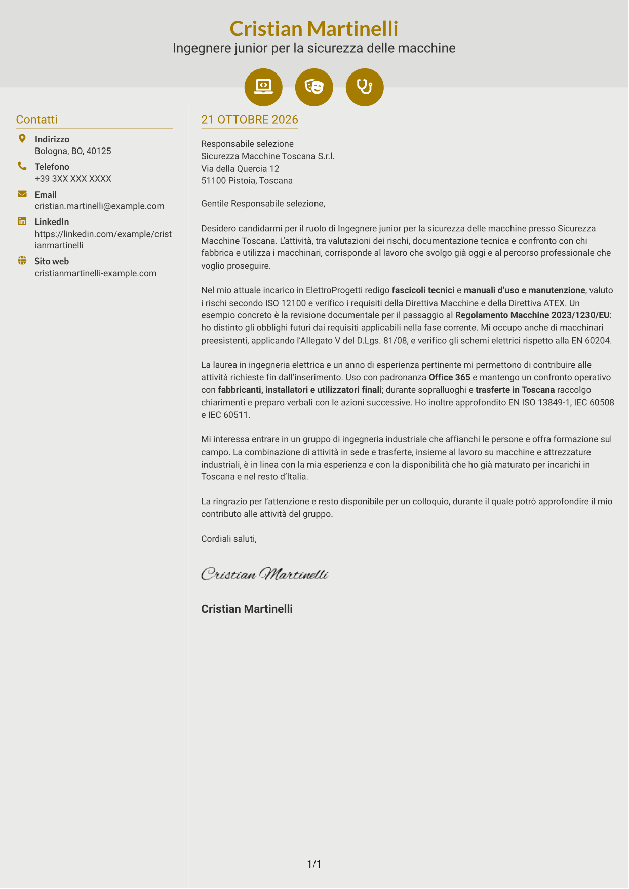 Lettera di presentazione Dinamico (formato a due colonne con icone): Ingegnere junior - Sicurezza delle macchine, pagina 1