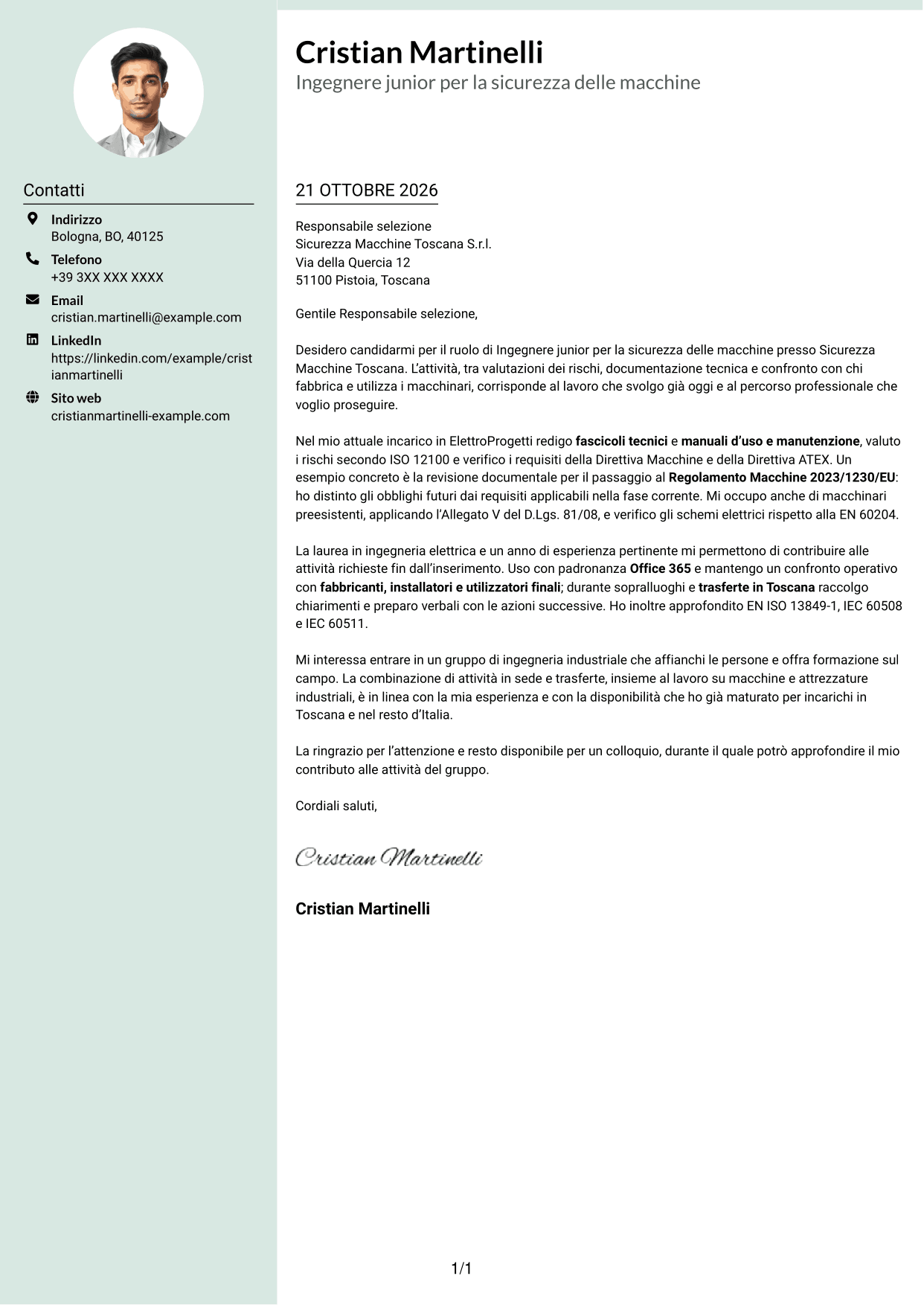 Lettera di presentazione Dirigente (formato con colonna laterale tenue e foto arrotondata): Ingegnere junior - Sicurezza delle macchine, pagina 1