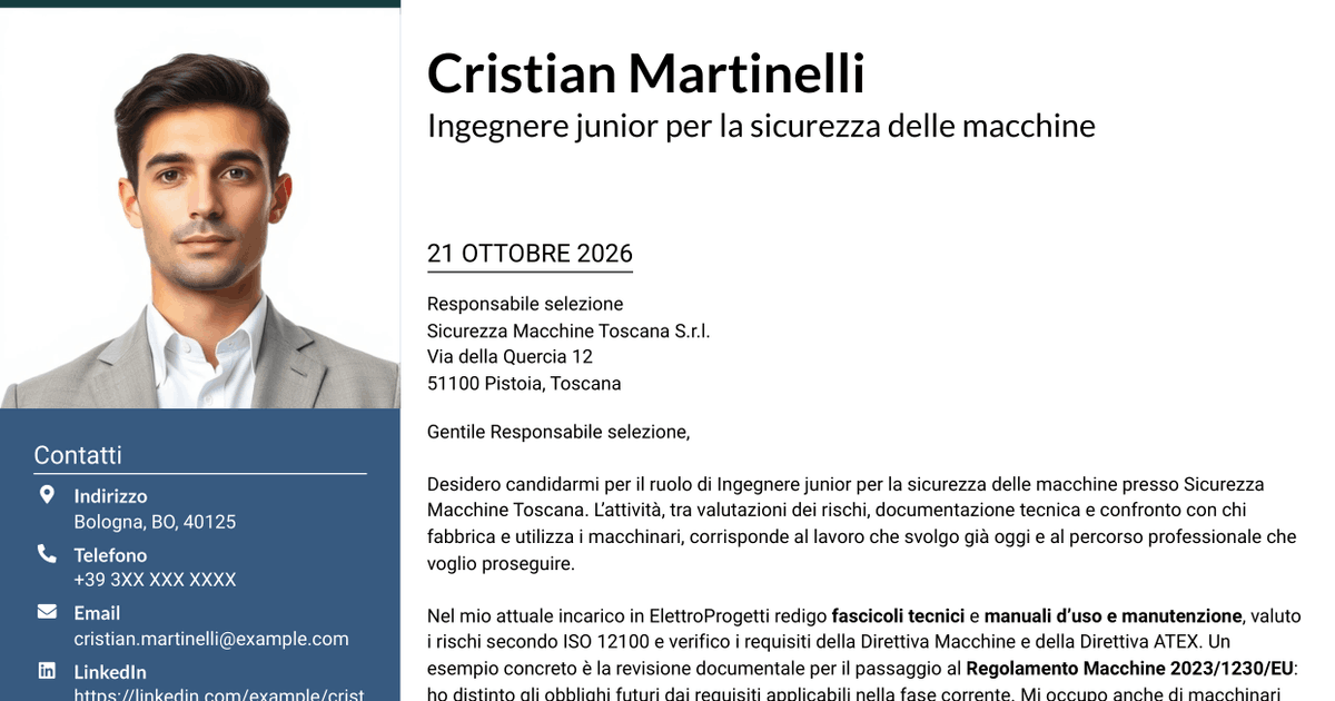 7 modelli di lettera di presentazione per Ingegnere junior - Sicurezza delle macchine, con esempi