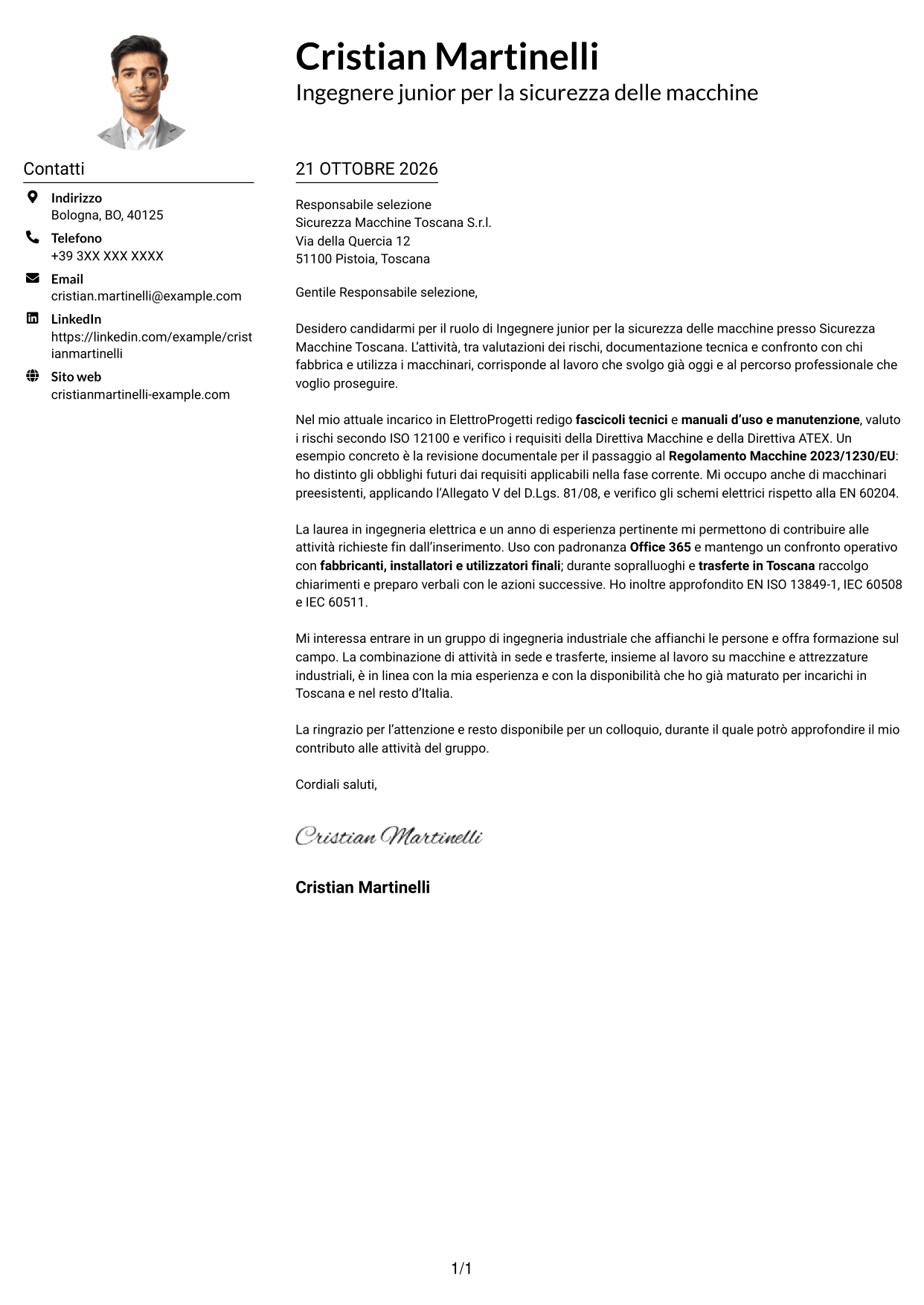 Esempio di lettera di presentazione — pagina 1