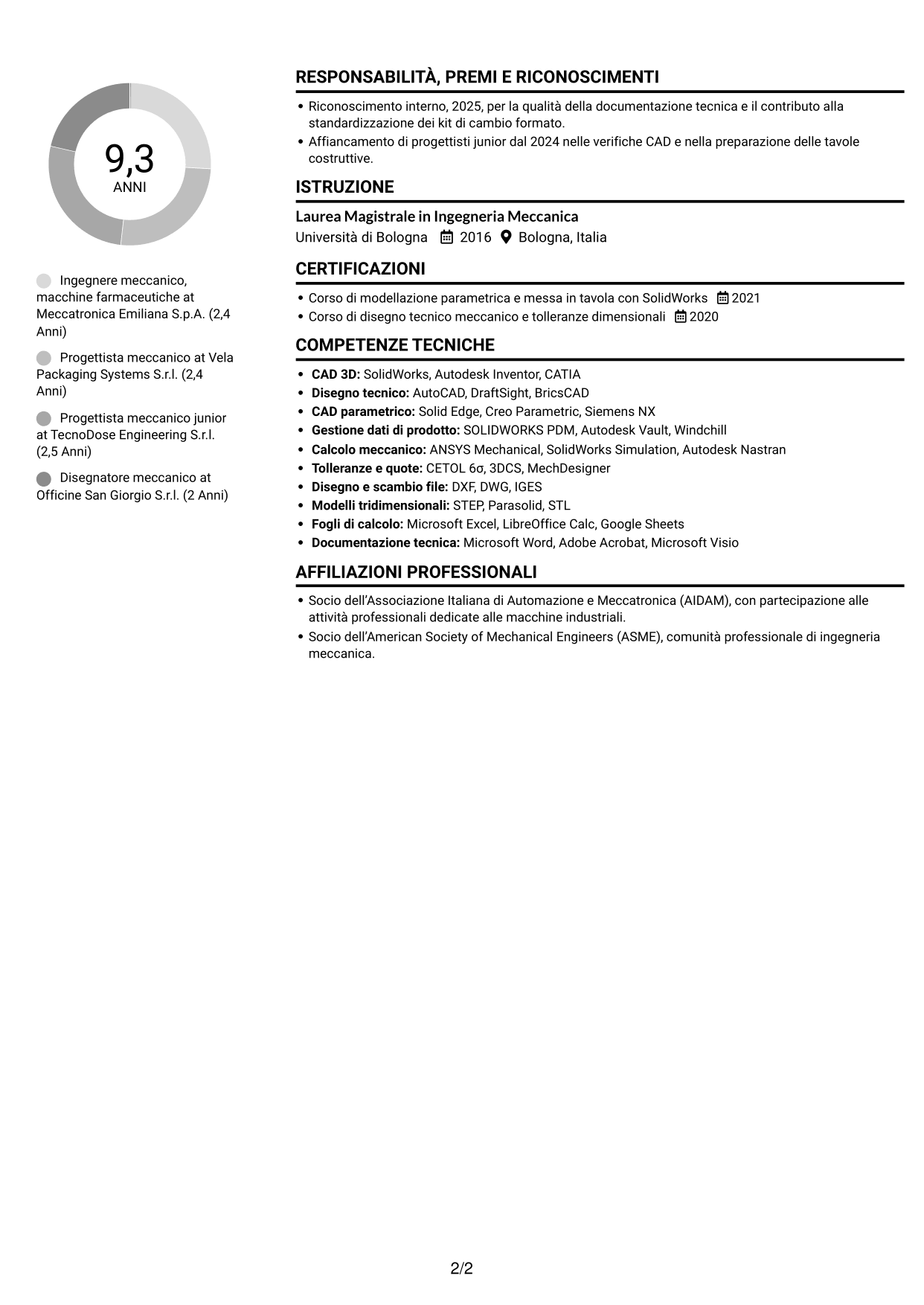 CV Compatto (formato sobrio a due colonne con foto): Ingegnere Meccanico - Macchine Farmaceutiche, pagina 2