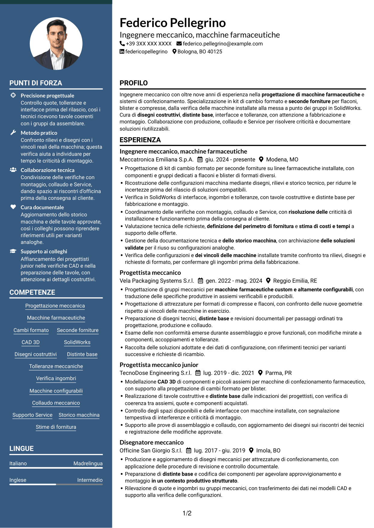 CV Elegante (formato con colonna laterale colorata e foto): Ingegnere Meccanico - Macchine Farmaceutiche, pagina 1