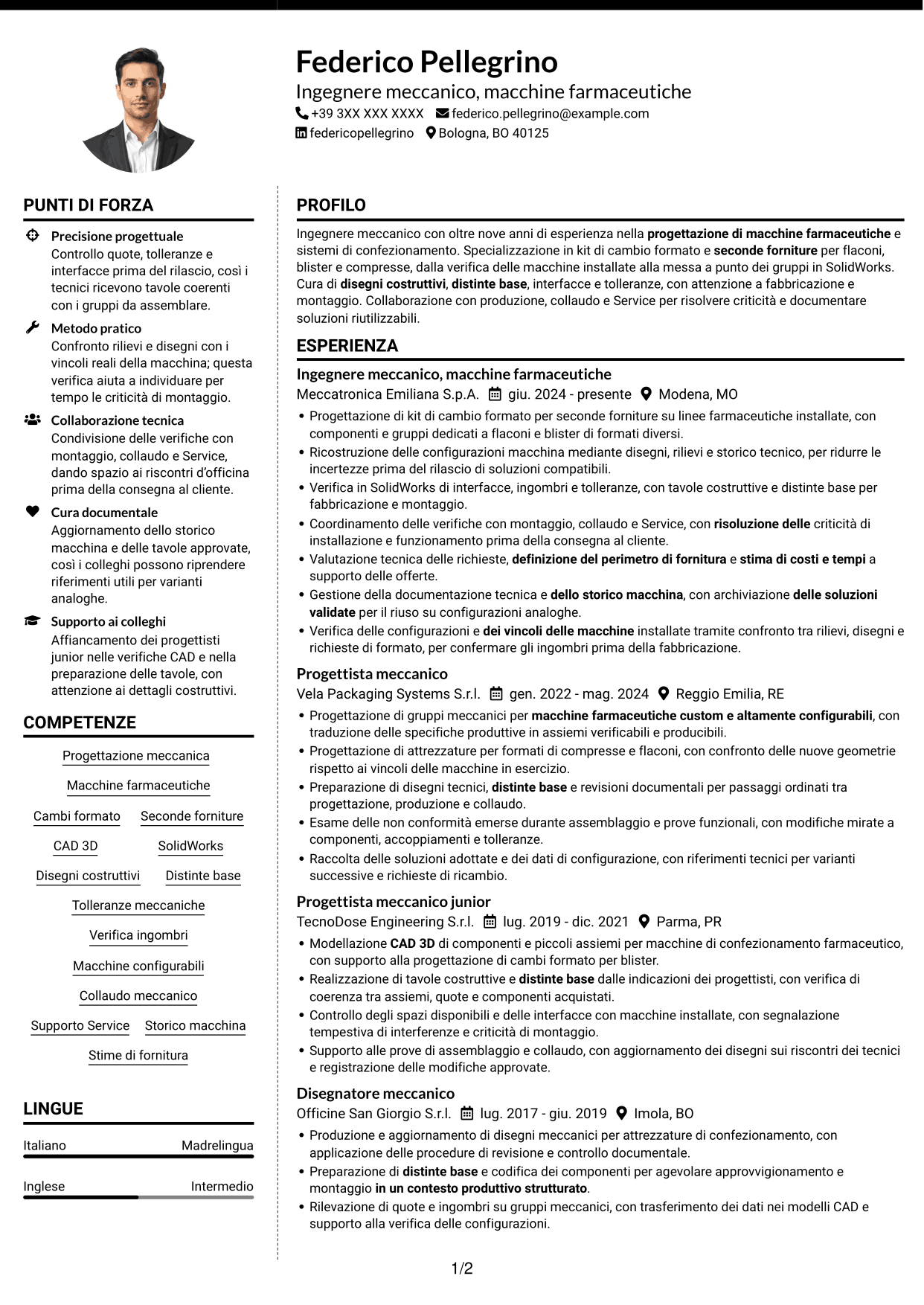 CV Moderno (formato a due colonne con foto a sinistra e separatore): Ingegnere Meccanico - Macchine Farmaceutiche, pagina 1
